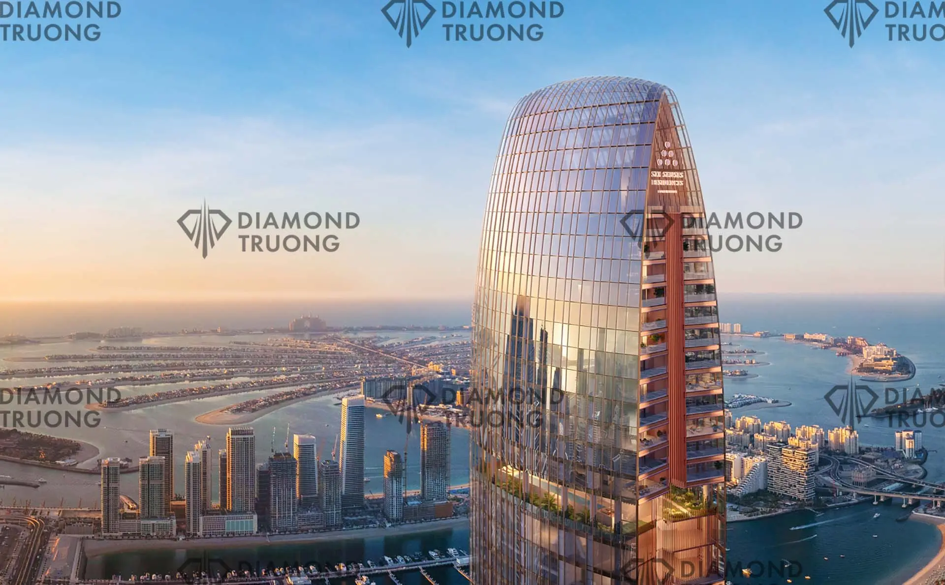Developer's render of the Six Senses Residences tower in Dubai Marina, with Palm Jumeirah and Dubai Harbour's towers below
