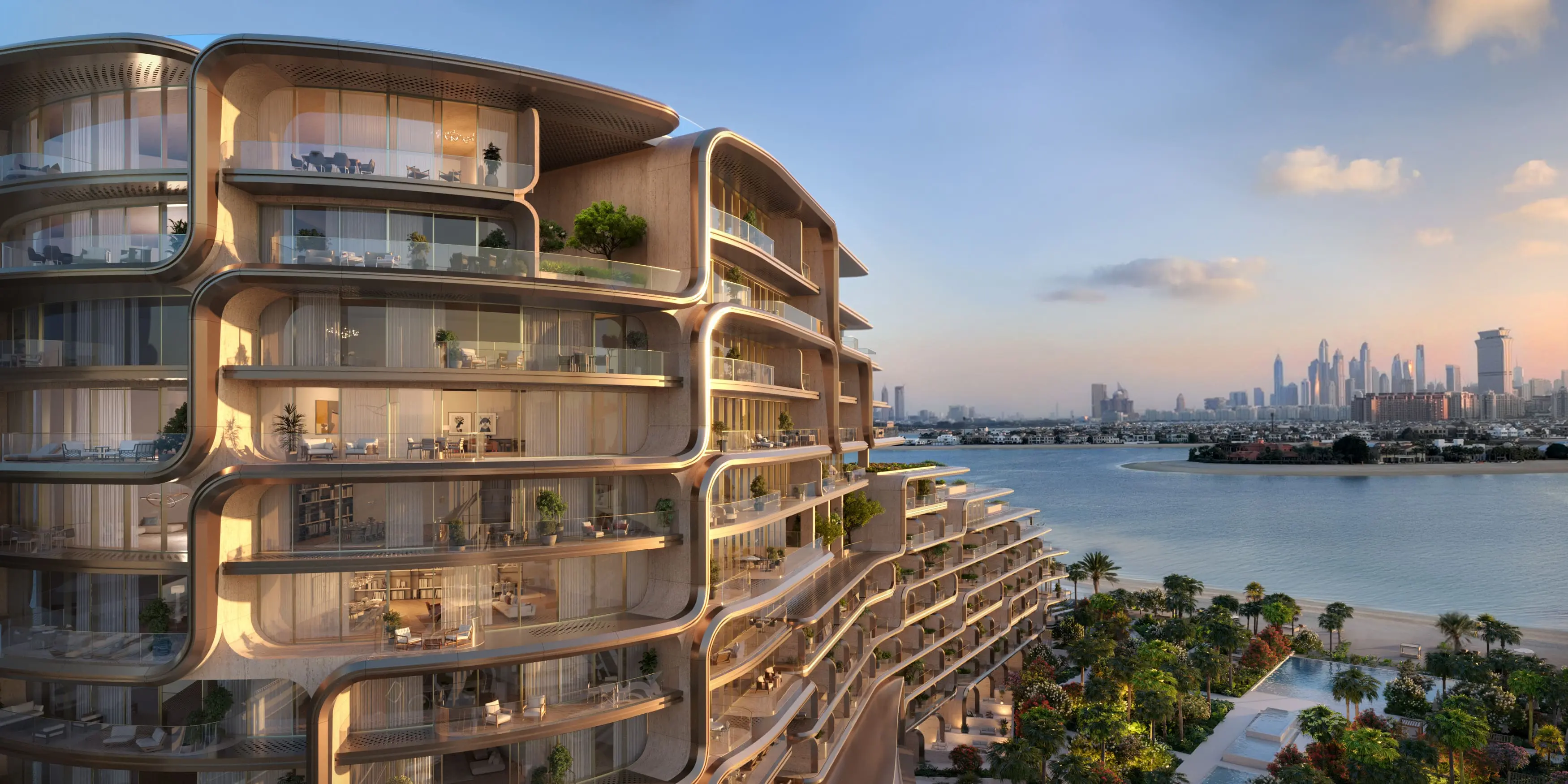 Render of a curved building with glass-fronted terraces on every floor, the Palm's lagoon and a city skyline behind