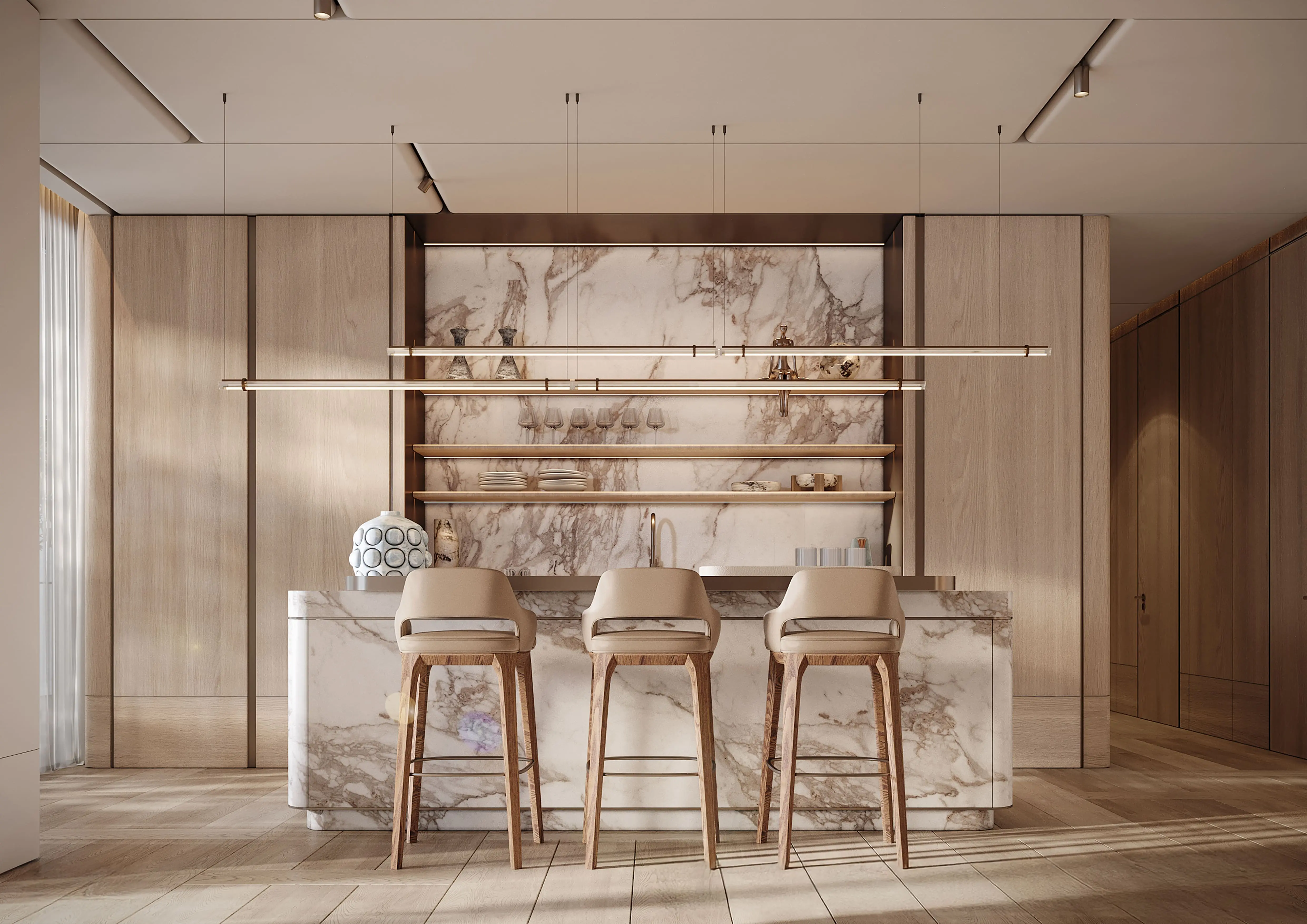 Render of a kitchen with a marble island, three bar stools and marble-backed open shelves in a timber-panelled wall