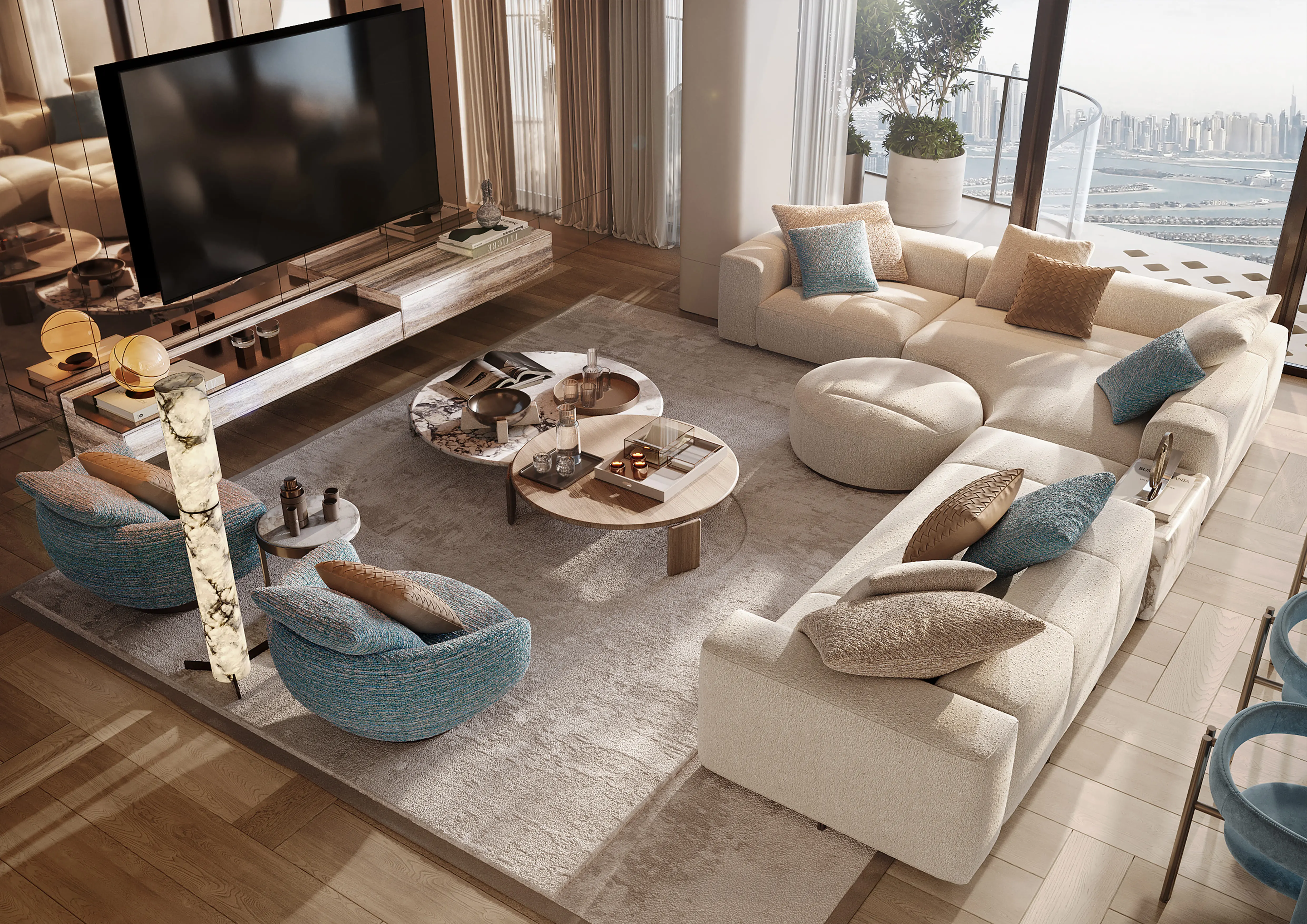 Render of a furnished living room with a corner sofa and blue armchairs, full-height glass on one side looking over the Palm's fronds