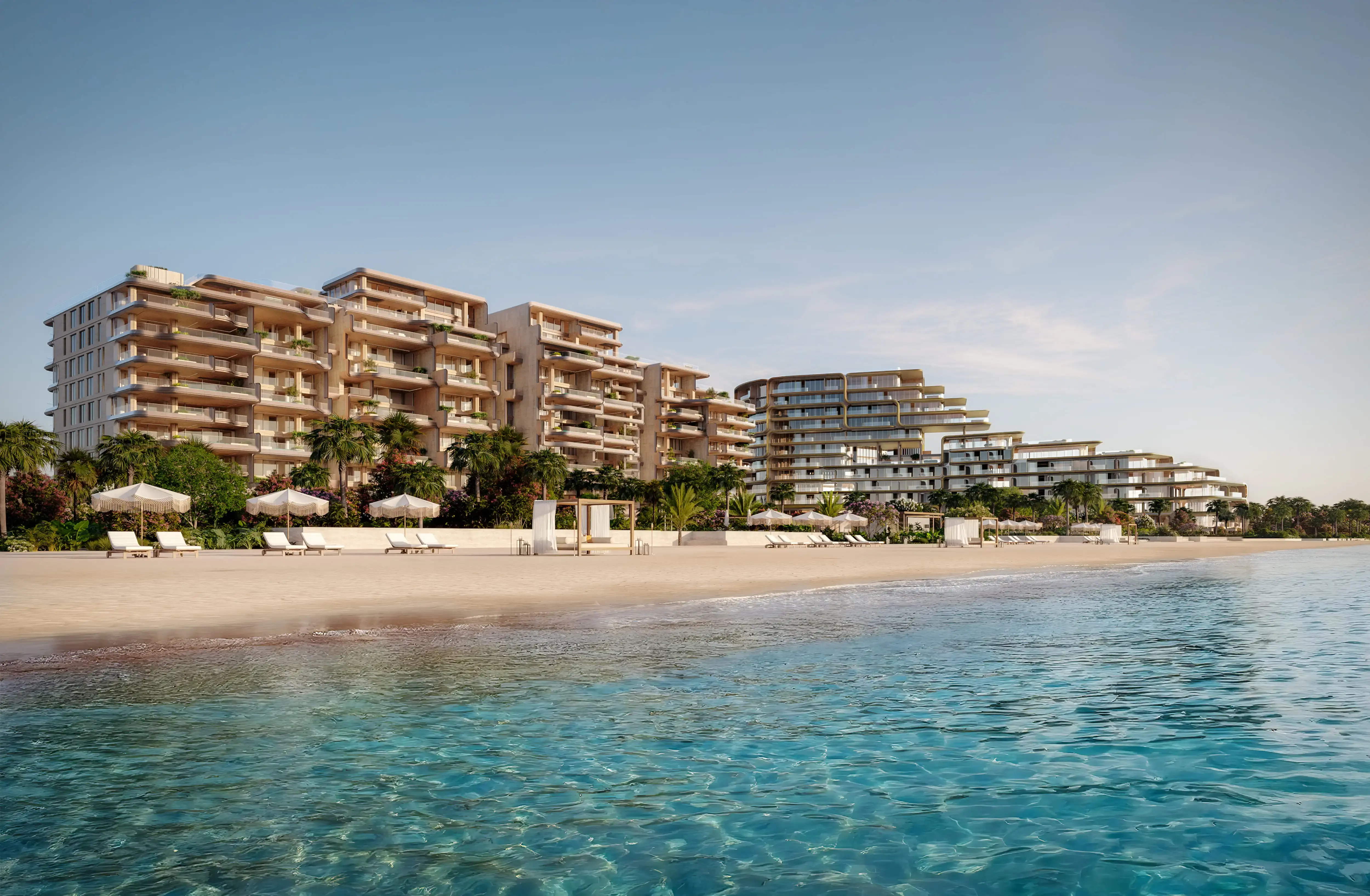 Render of The Alba from the sea: terraced buildings behind palms, with parasols and loungers along the beach