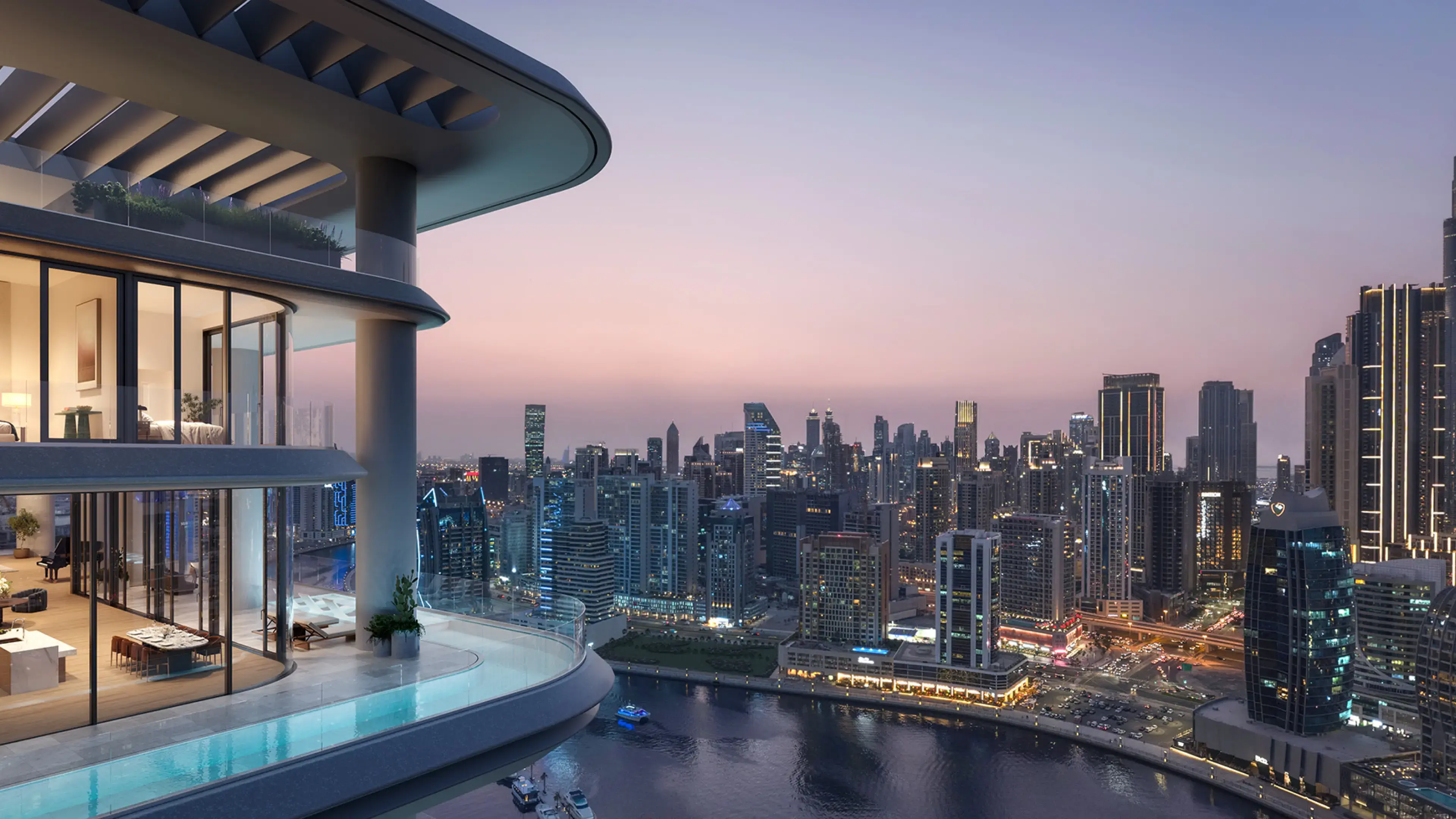Render of a high terrace with a pool along its edge at dusk, looking over Business Bay's towers and the canal