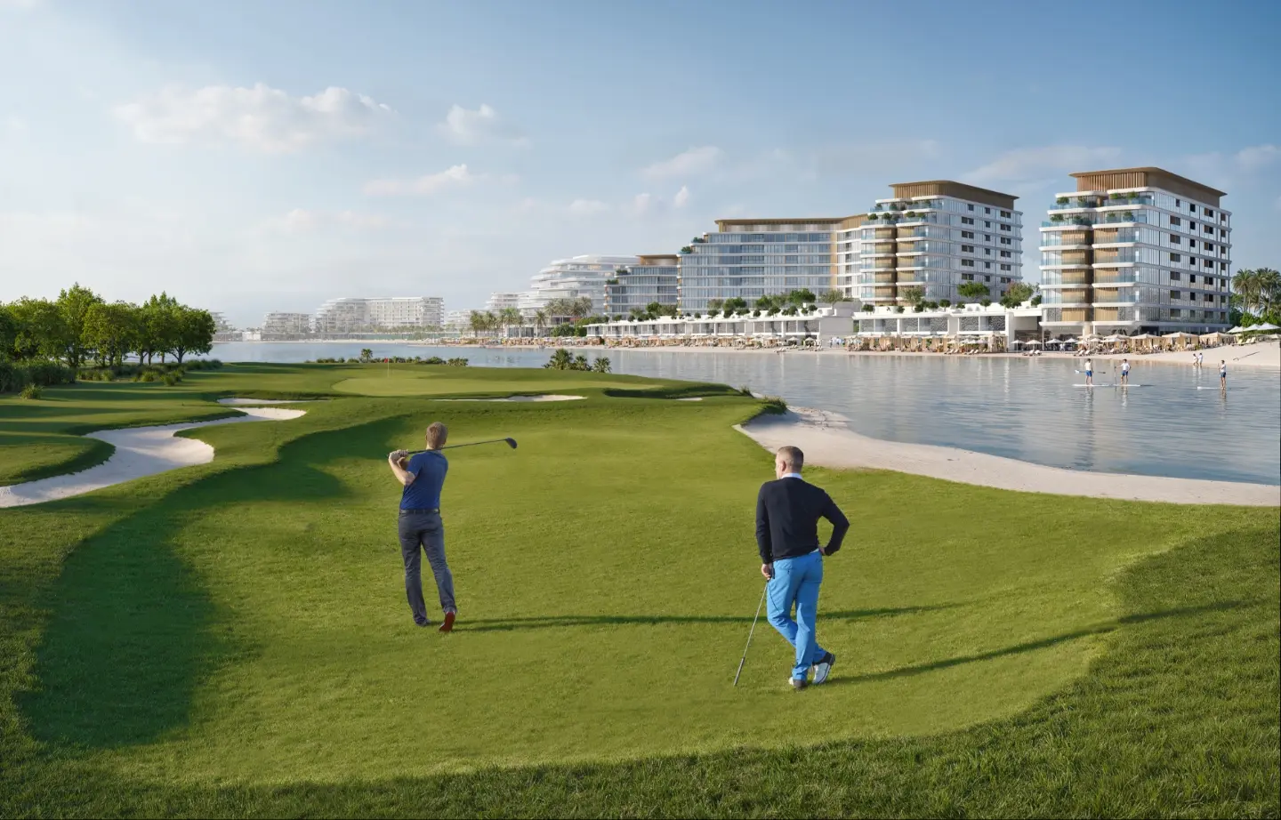Sobha's render of two golfers on a fairway beside a lagoon, with mid-rise apartment blocks along the beach beyond