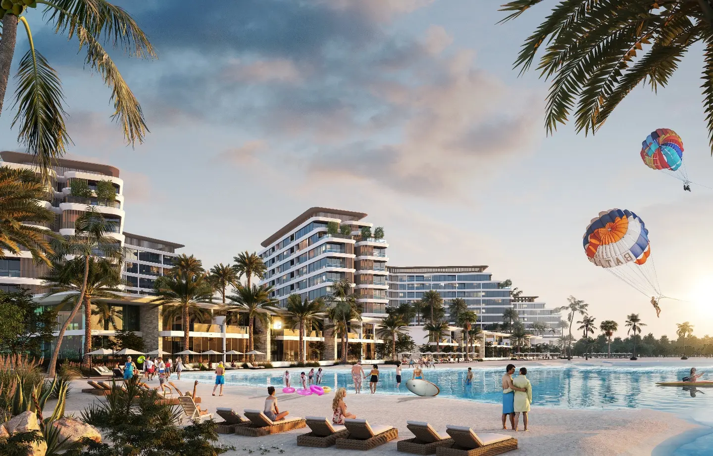 Render of a lagoon beach with sun loungers, swimmers and two parasails in front of palm-lined apartment blocks
