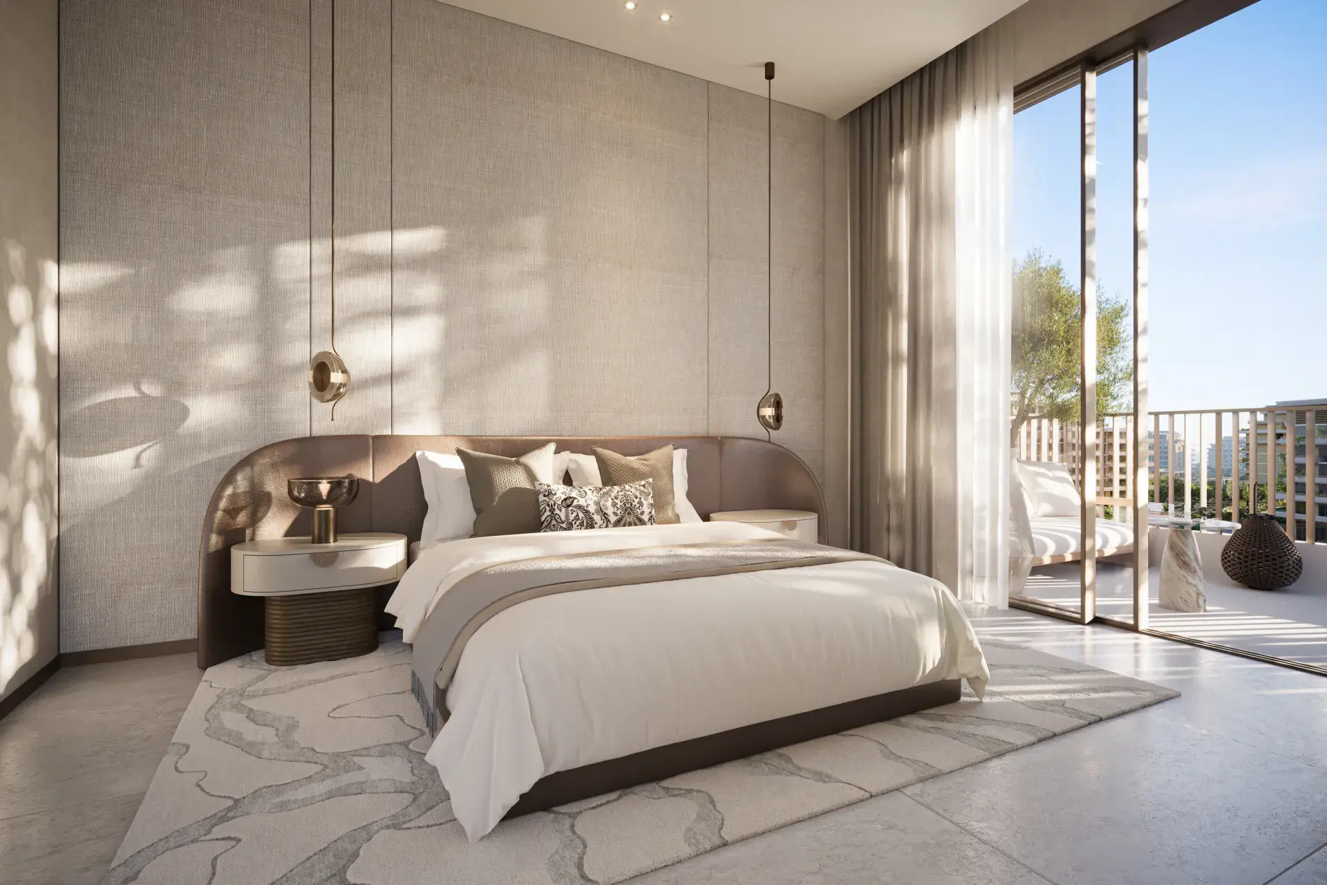 Render of a bedroom with a curved upholstered headboard and a sliding glass door onto a balcony