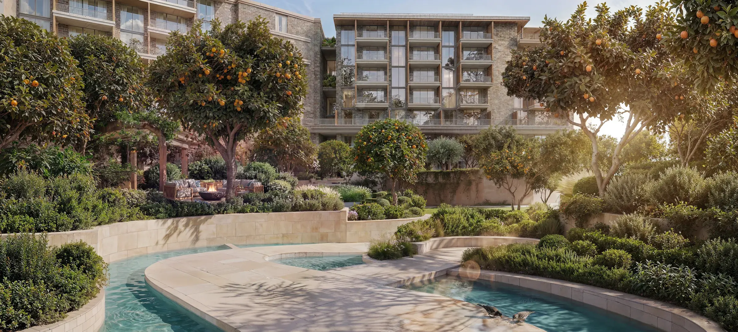 Render of a shallow water channel winding through planting and orange trees, with a low-rise building behind