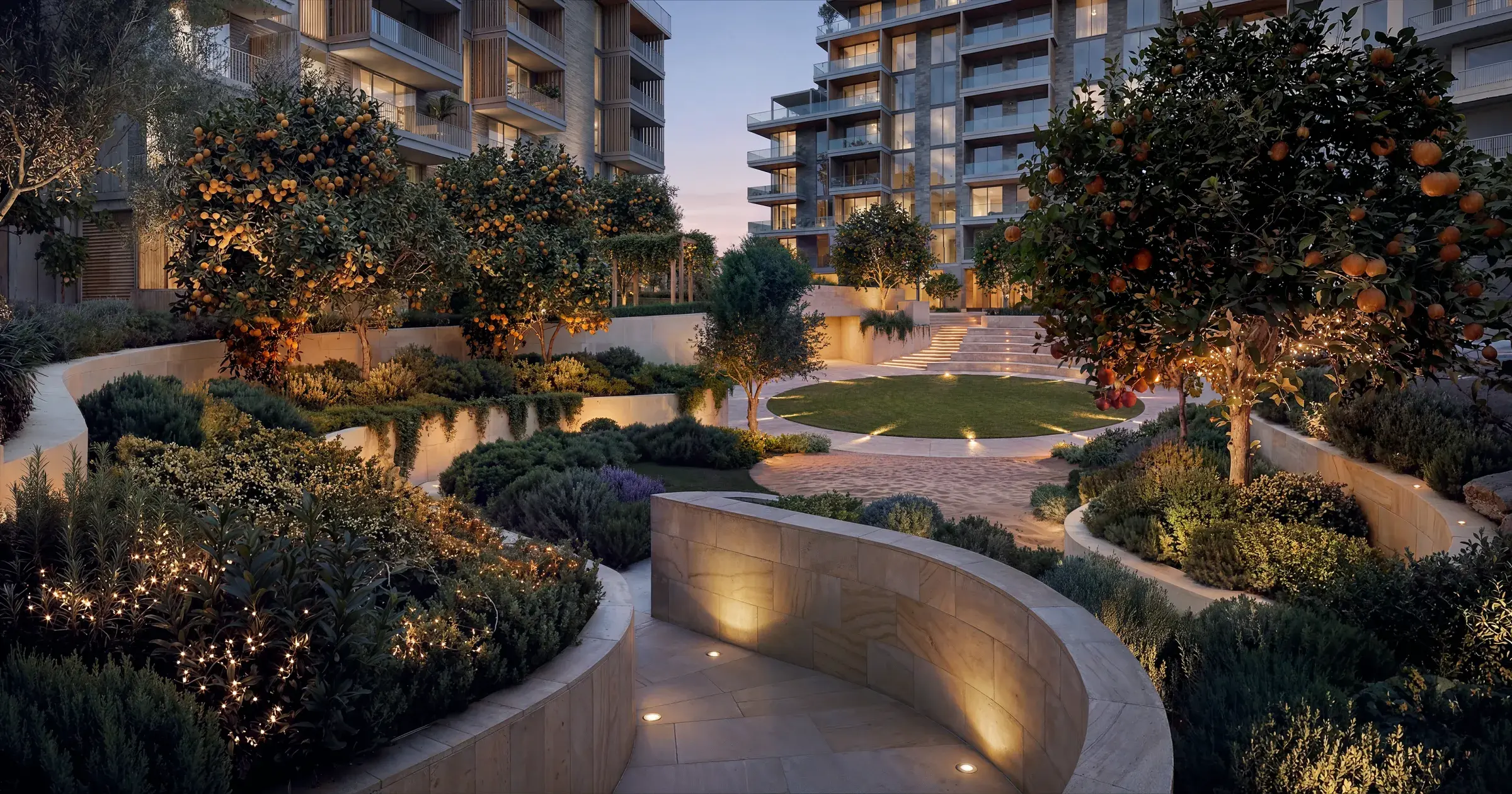 Render of the garden at dusk: curved stone walls and lit paths between orange trees, leading down to a round lawn