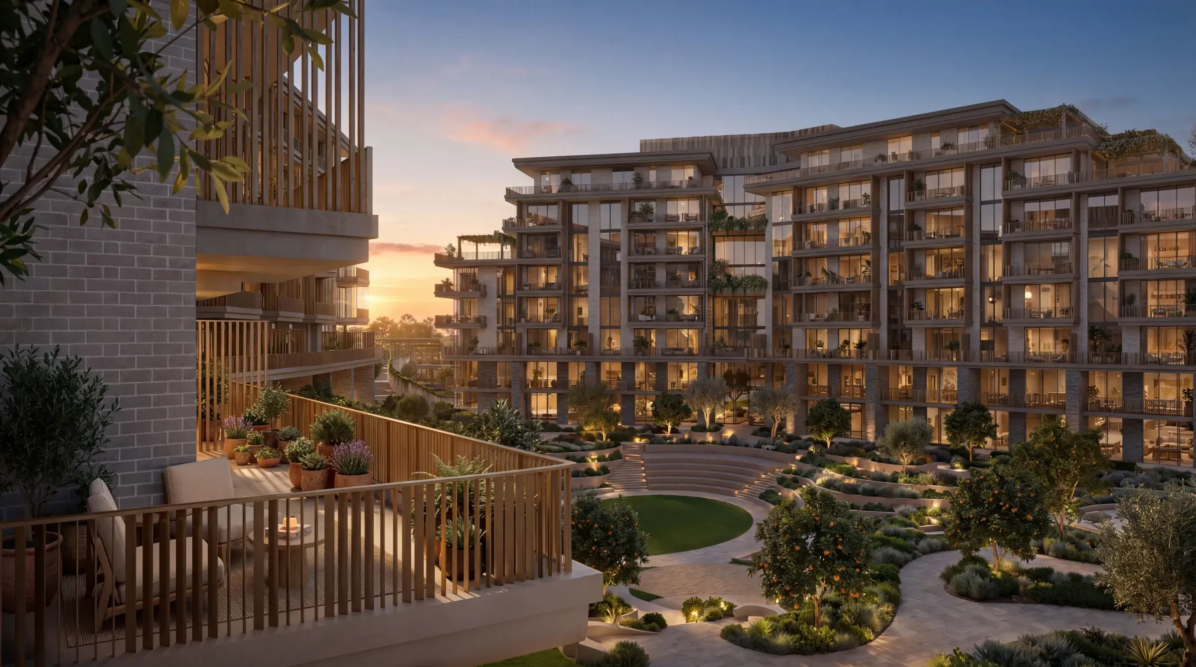 Render from a planted balcony at dusk, looking across the lit sunken garden to two of the low-rise buildings