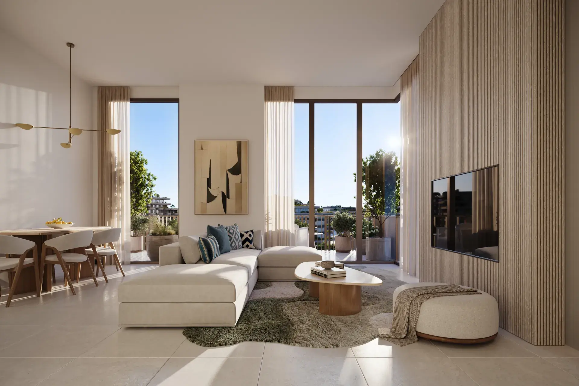 Render of a living room with a white corner sofa, a dining table and full-height windows onto trees