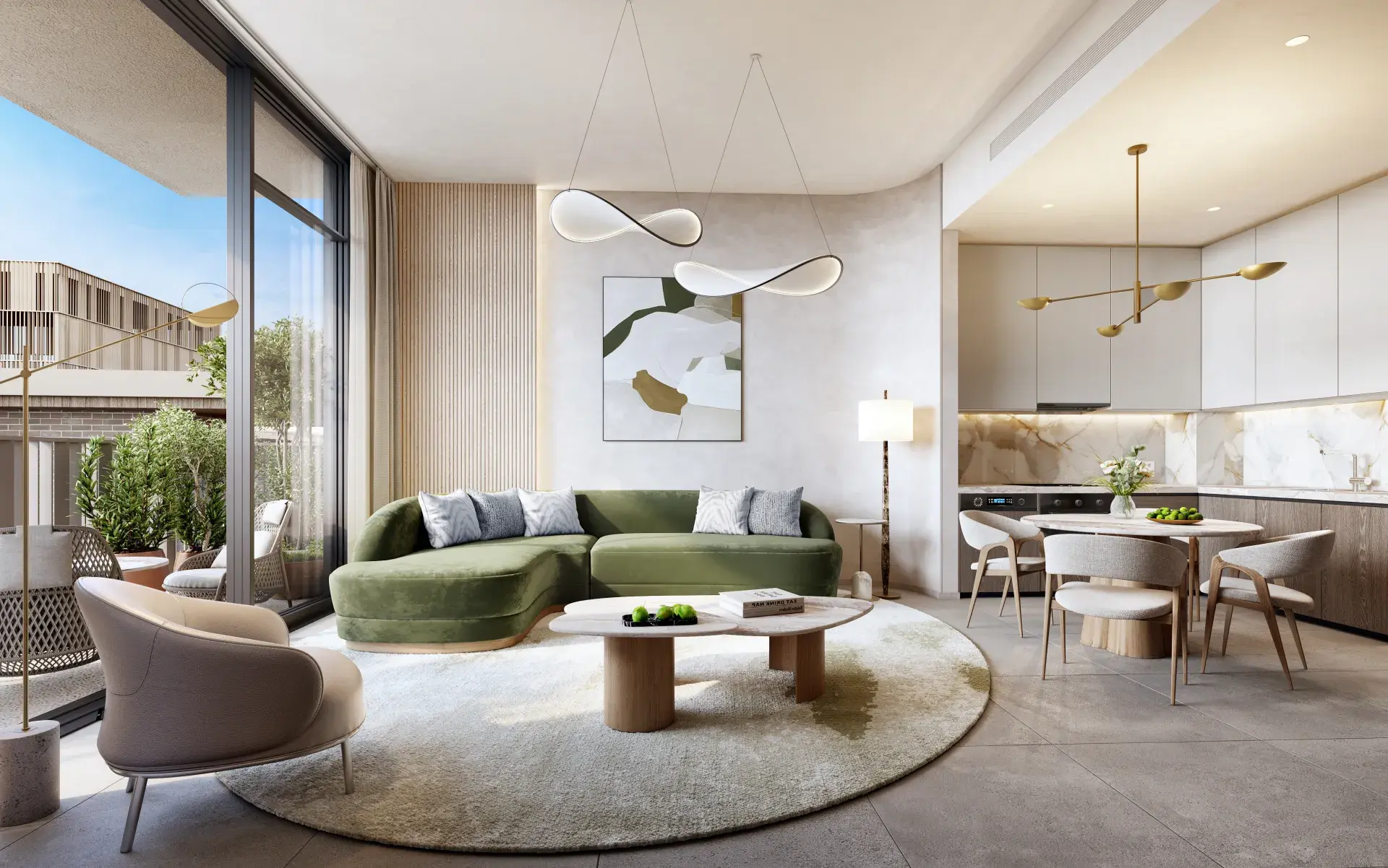 Render of a 1-bedroom apartment's living room, with a curved green sofa, a round rug and the kitchen behind