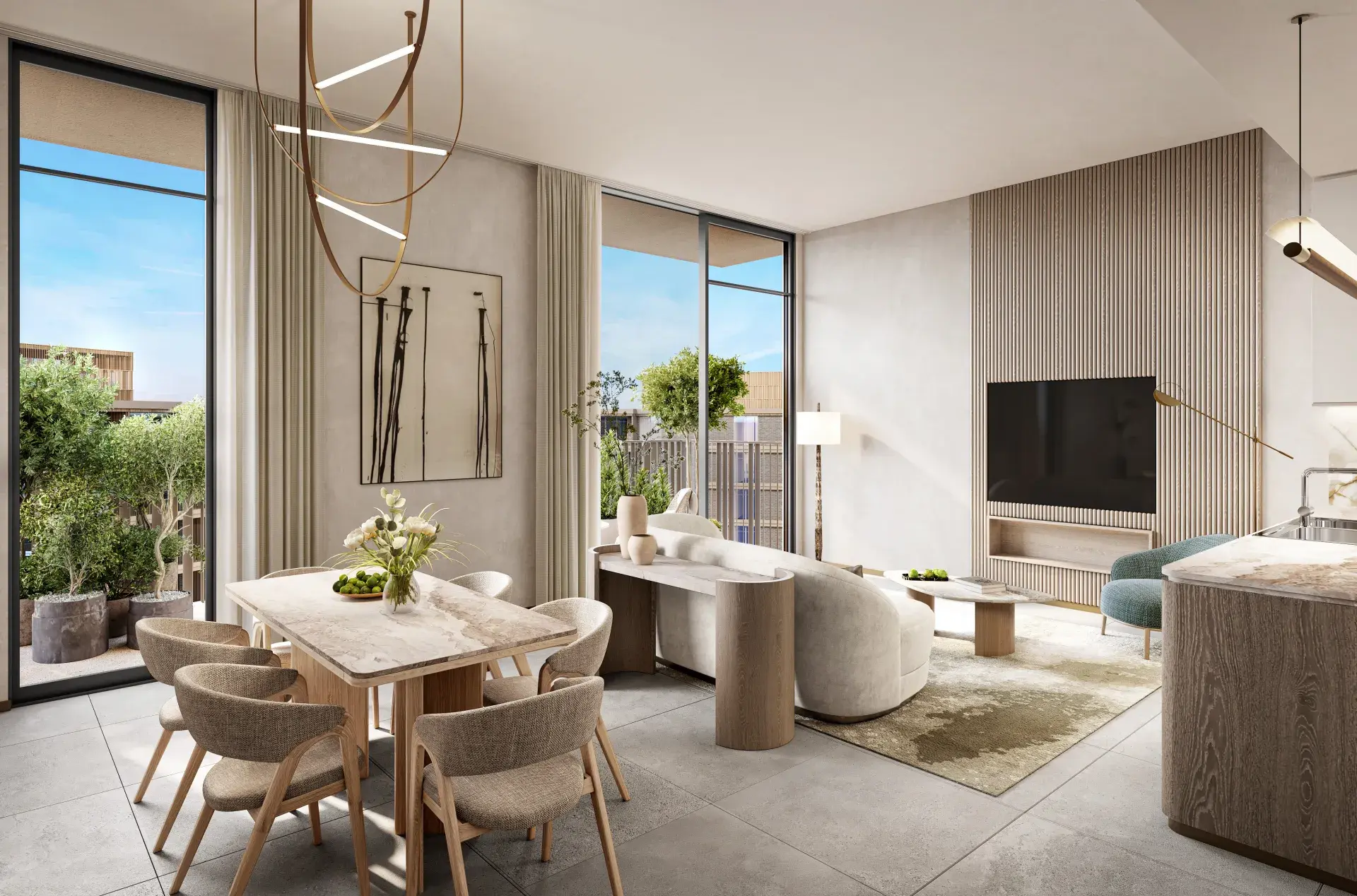 Render of a 3-bedroom apartment's living and dining room, with a stone-topped table and glass doors to the balcony