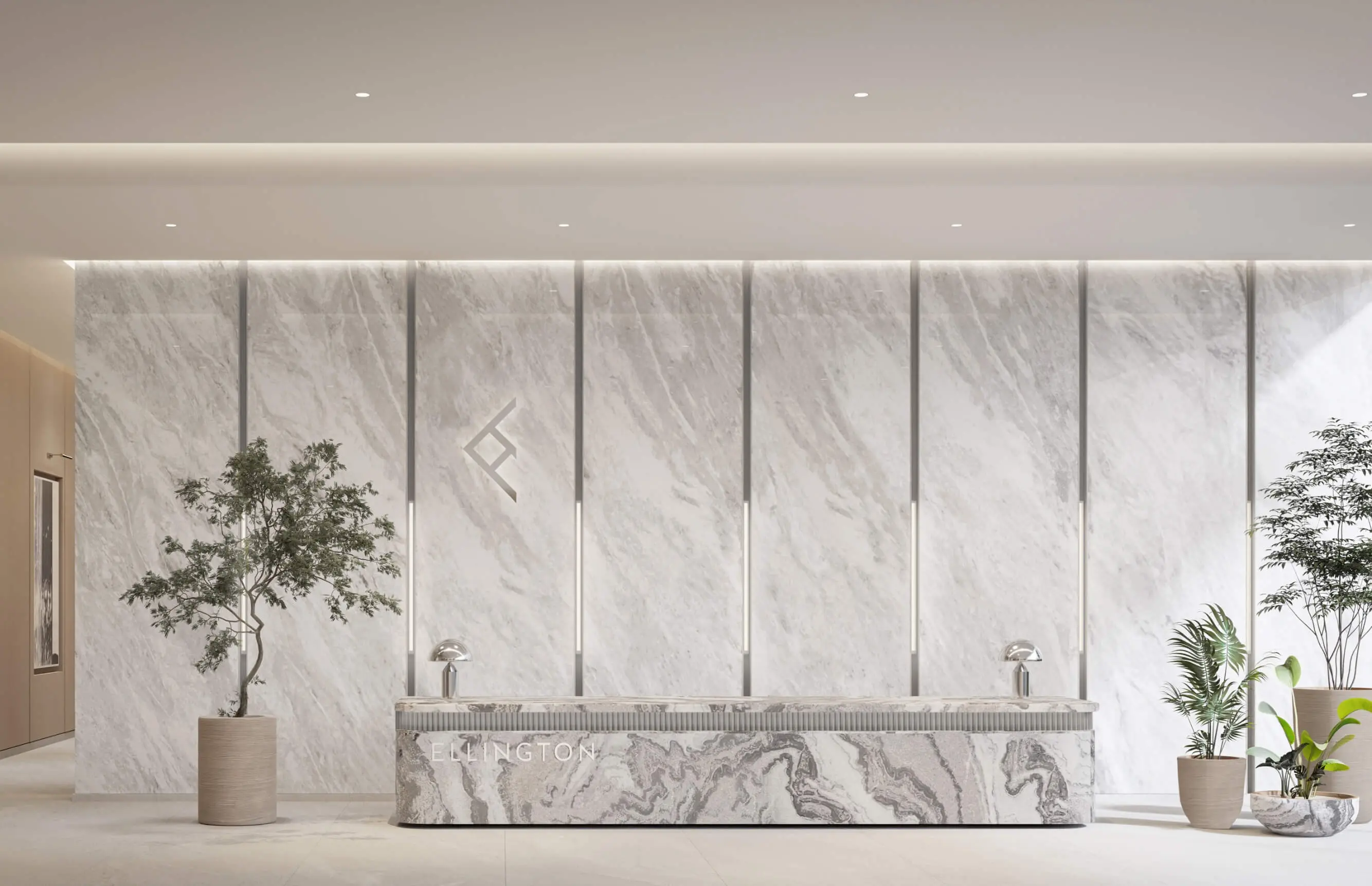 Render of the lobby reception, a marble desk carved with the Ellington name in front of a grey-veined marble wall