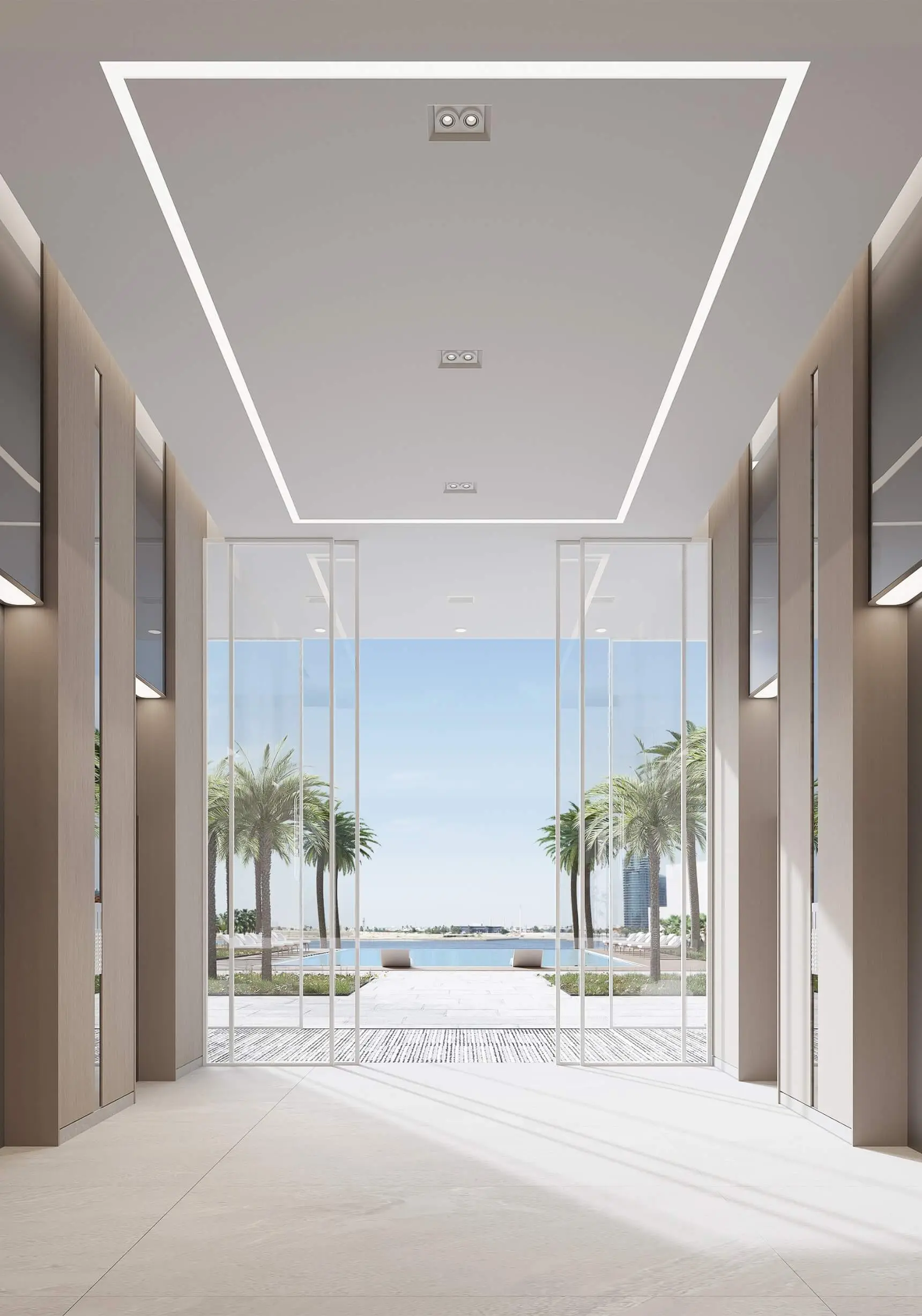 Render of a timber-panelled corridor ending in glass doors onto the pool deck and palms
