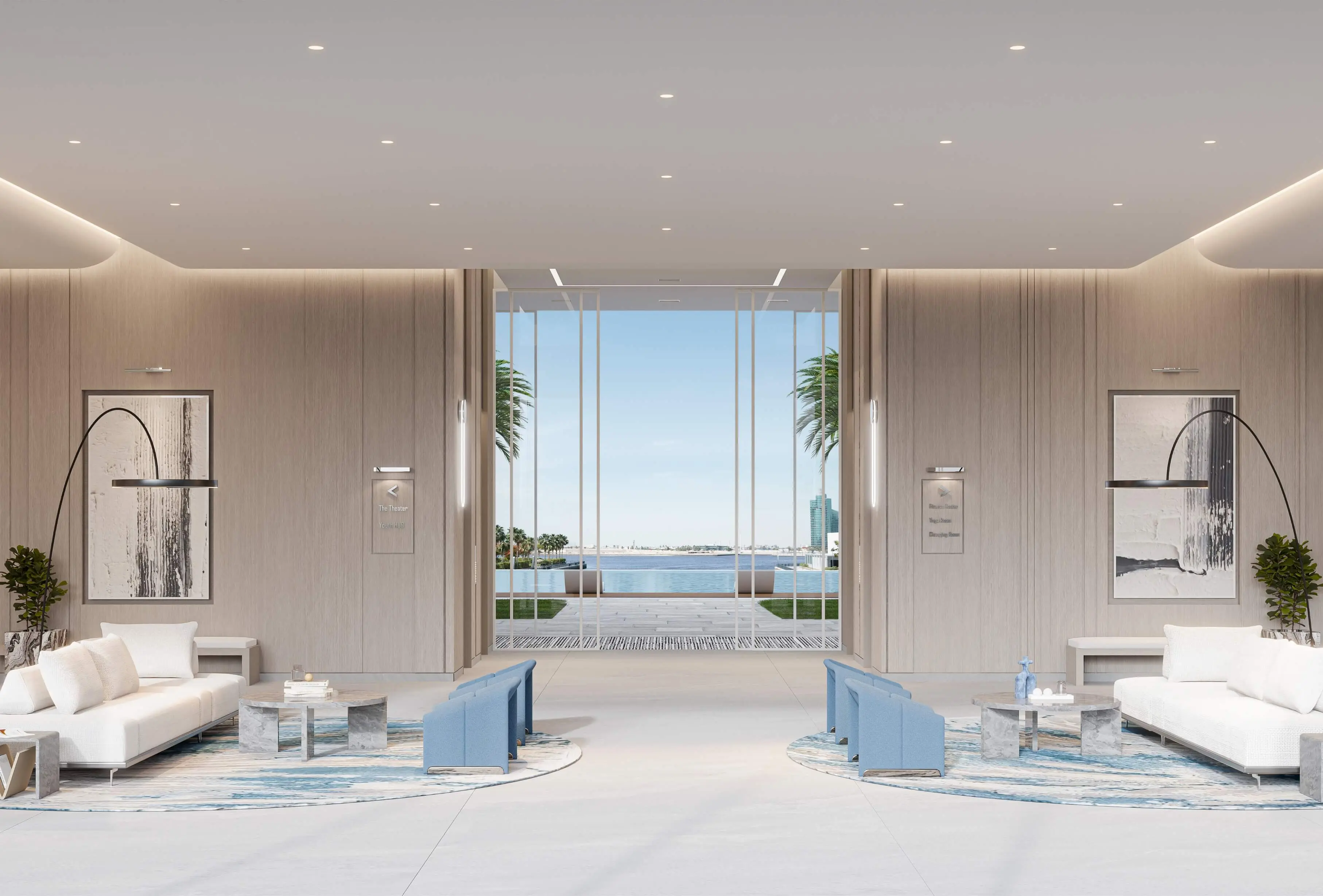 Render of the lobby lounge, with white sofas and blue armchairs either side of glass doors onto the pool and the creek