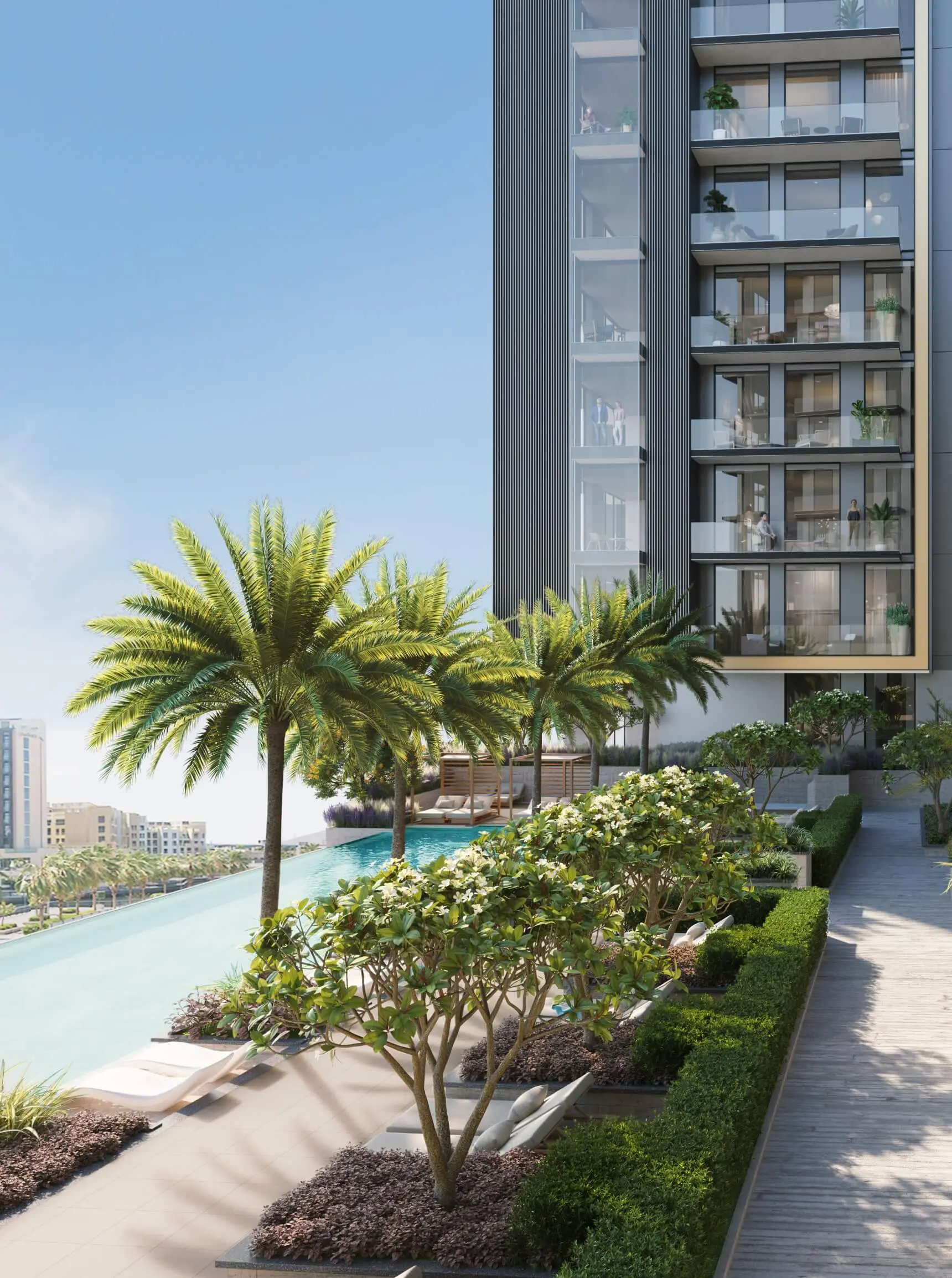 Render of an Art Bay building with a column of glass bays and glazed balconies, above a long pool and a planted walkway