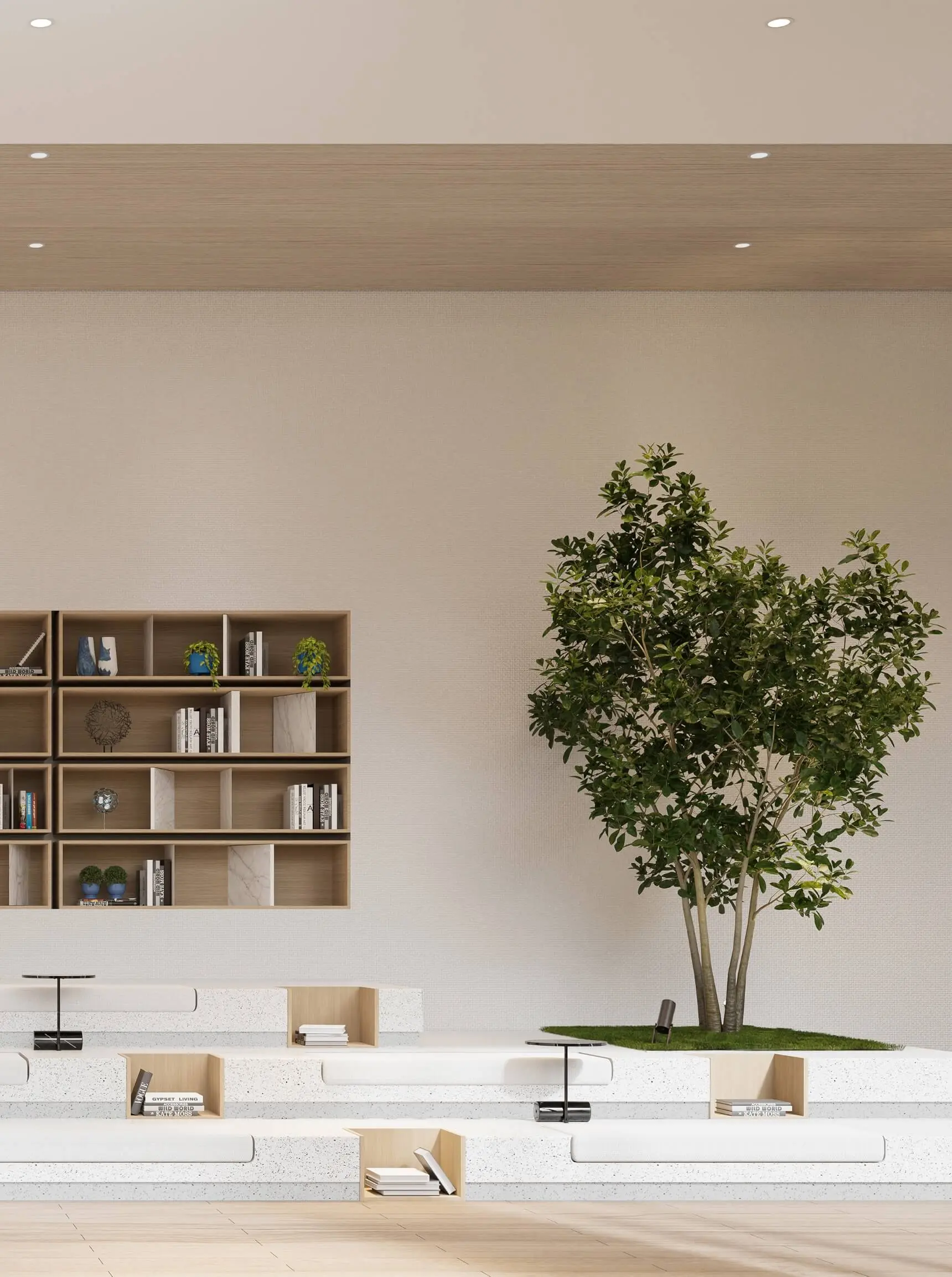 Render of the Culture Lounge: stepped white seating around an indoor tree, with built-in book shelves and a timber ceiling