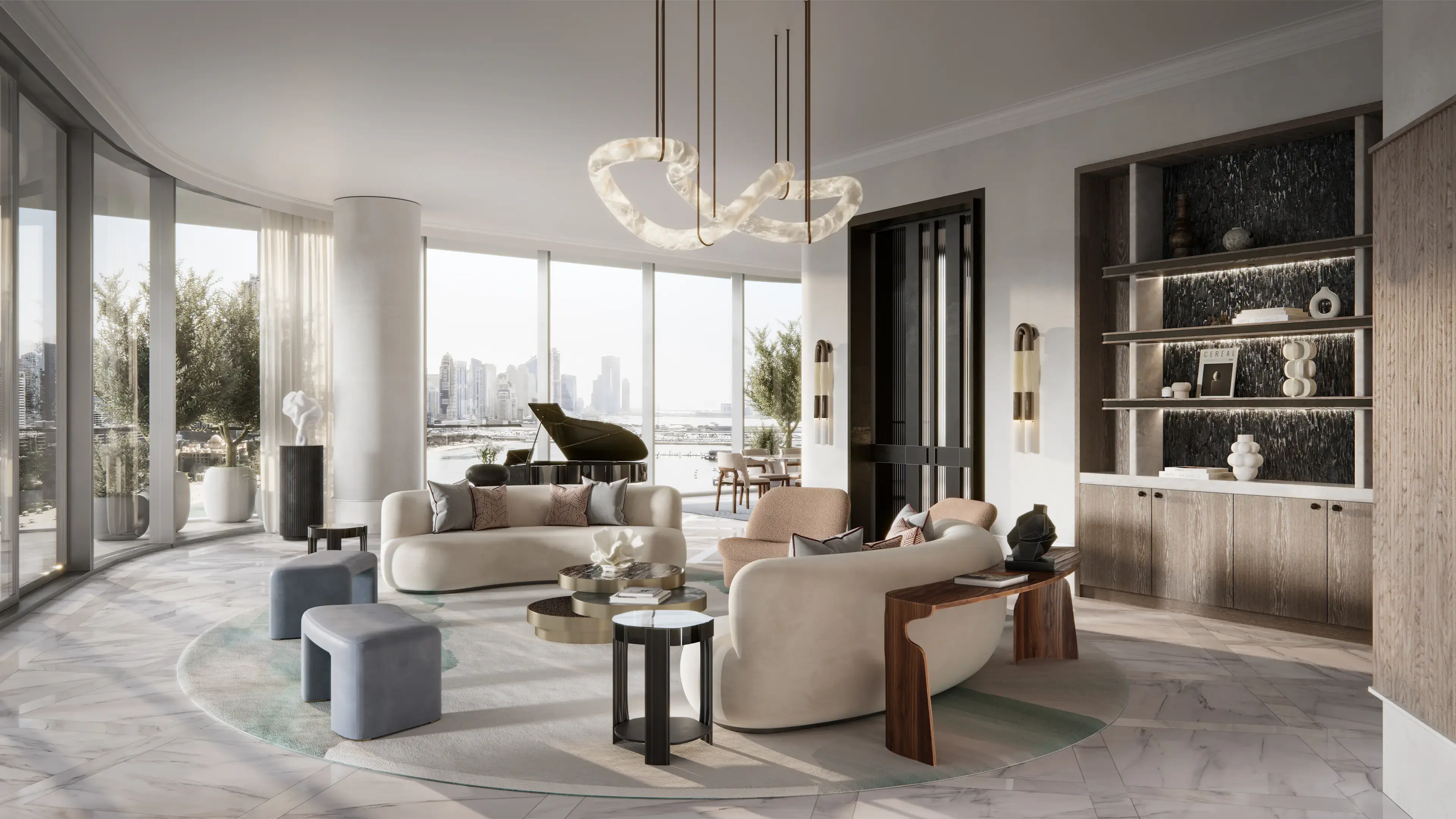 Render of a living room with a curved wall of glass, a grand piano, curved sofas and a sculptural chandelier