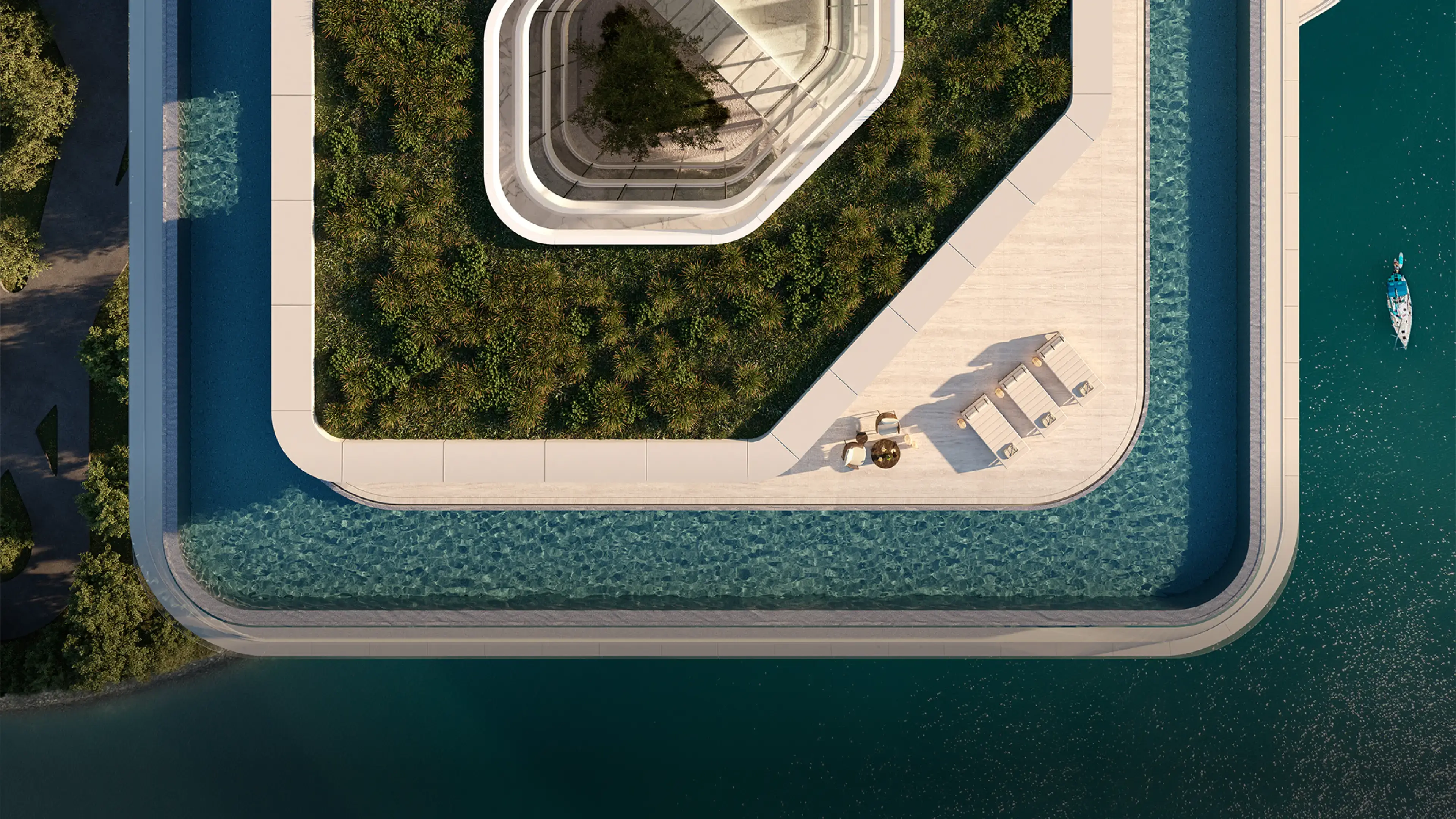 Overhead render of a terrace corner: a pool along its edge, a planted garden and a stepped open courtyard, with the sea below