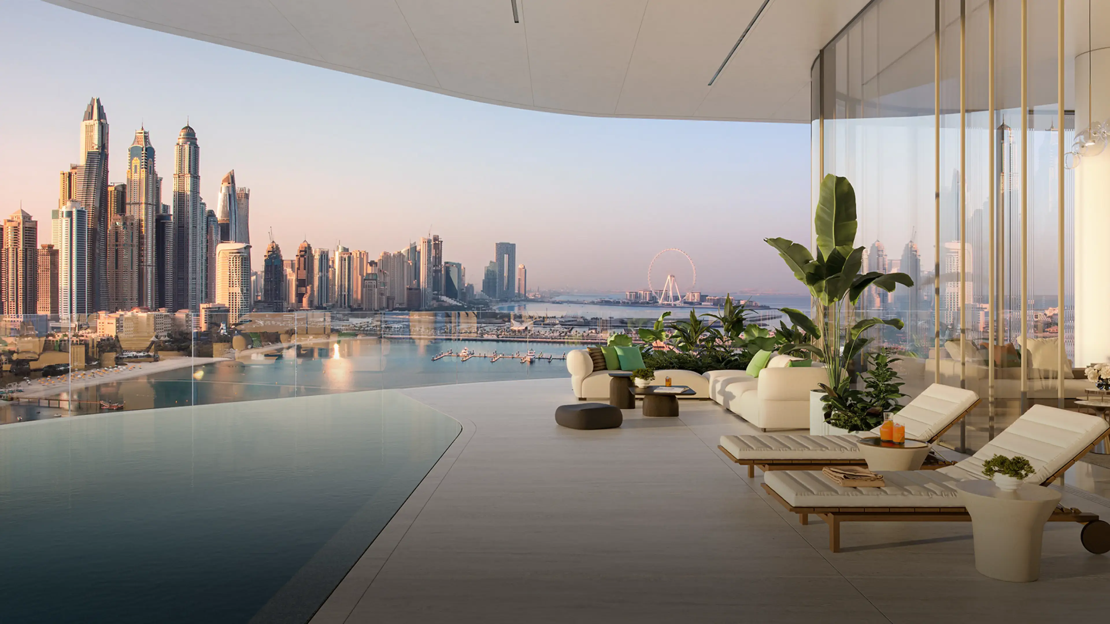 Render of a terrace with sun loungers and sofas beside an infinity pool, Dubai Marina's towers and Ain Dubai beyond