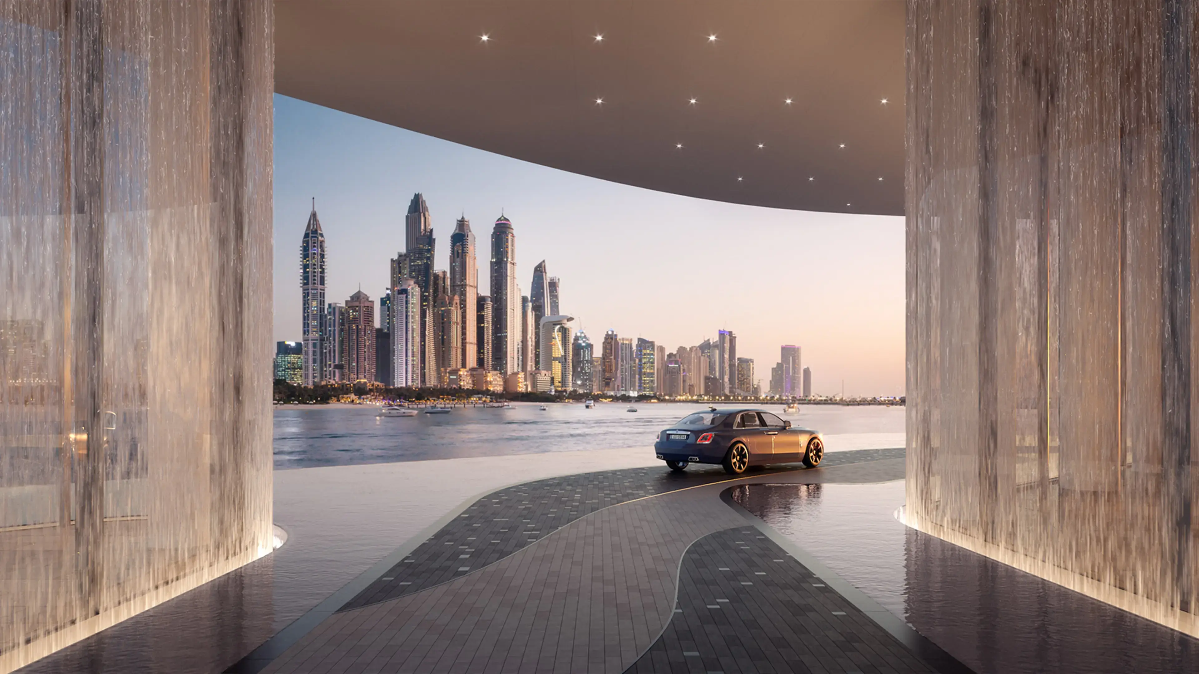 Render of AVA's arrival: a car on a curving drive between two walls of falling water, with Dubai Marina's towers beyond