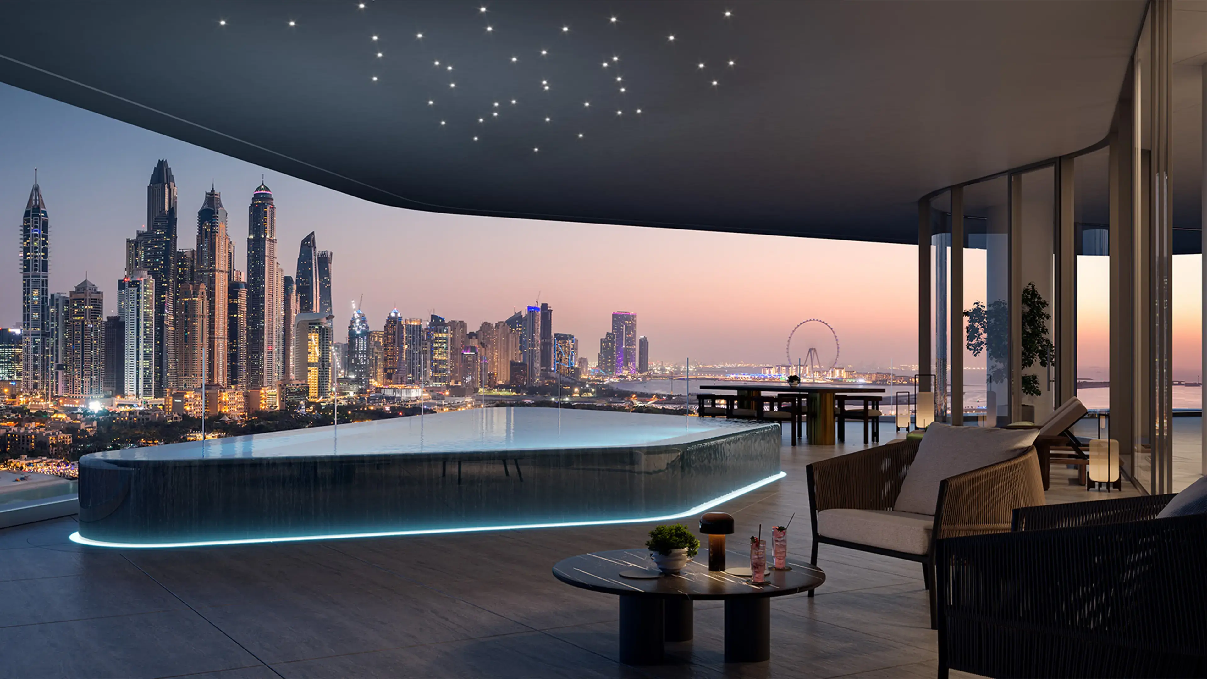 Render of a terrace at dusk under a starlit ceiling, with a raised, lit infinity pool and the Dubai Marina skyline