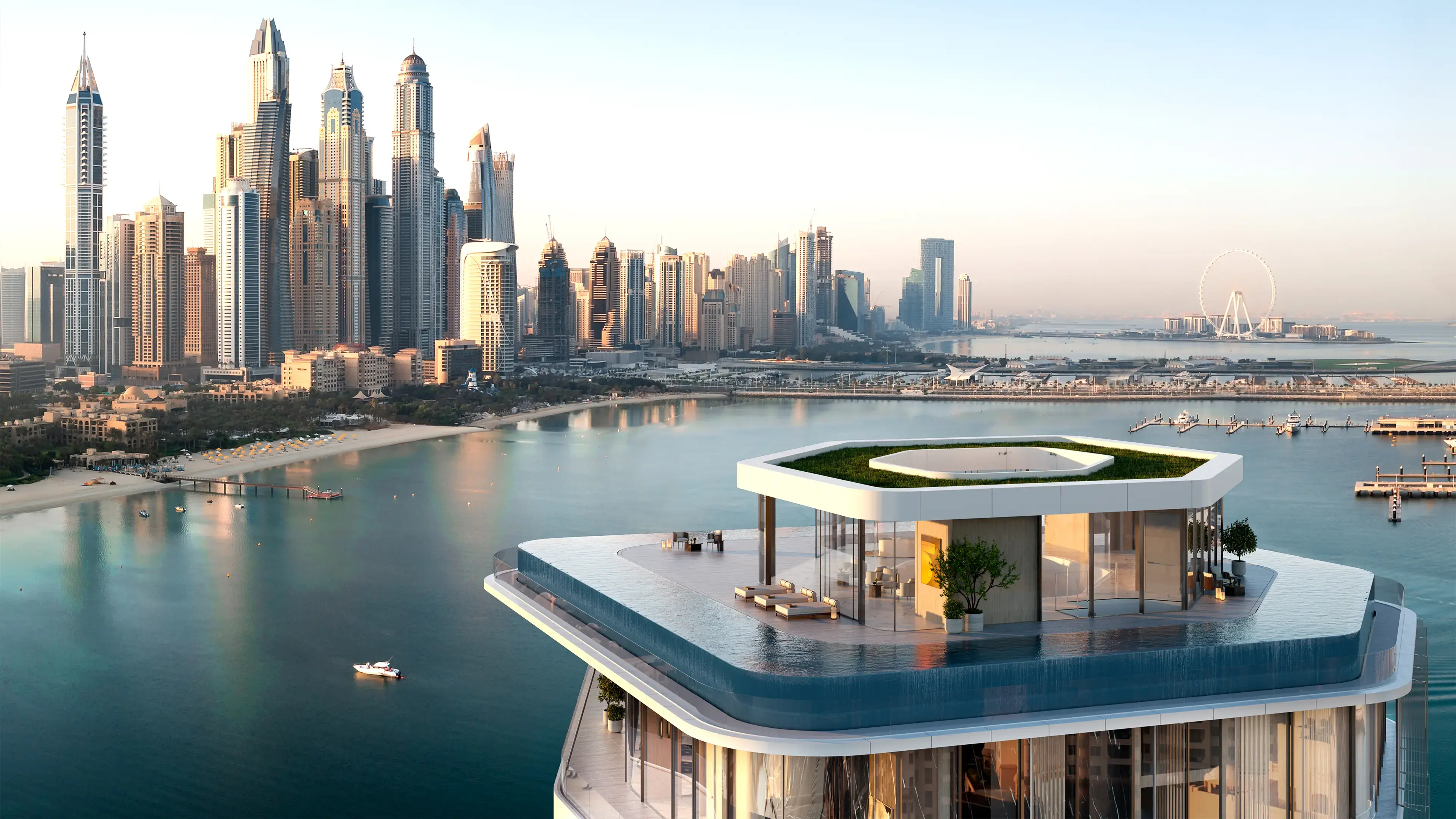 Render of AVA's top: a glass pavilion with a planted roof, ringed by an infinity pool, with Dubai Marina and Ain Dubai across the water