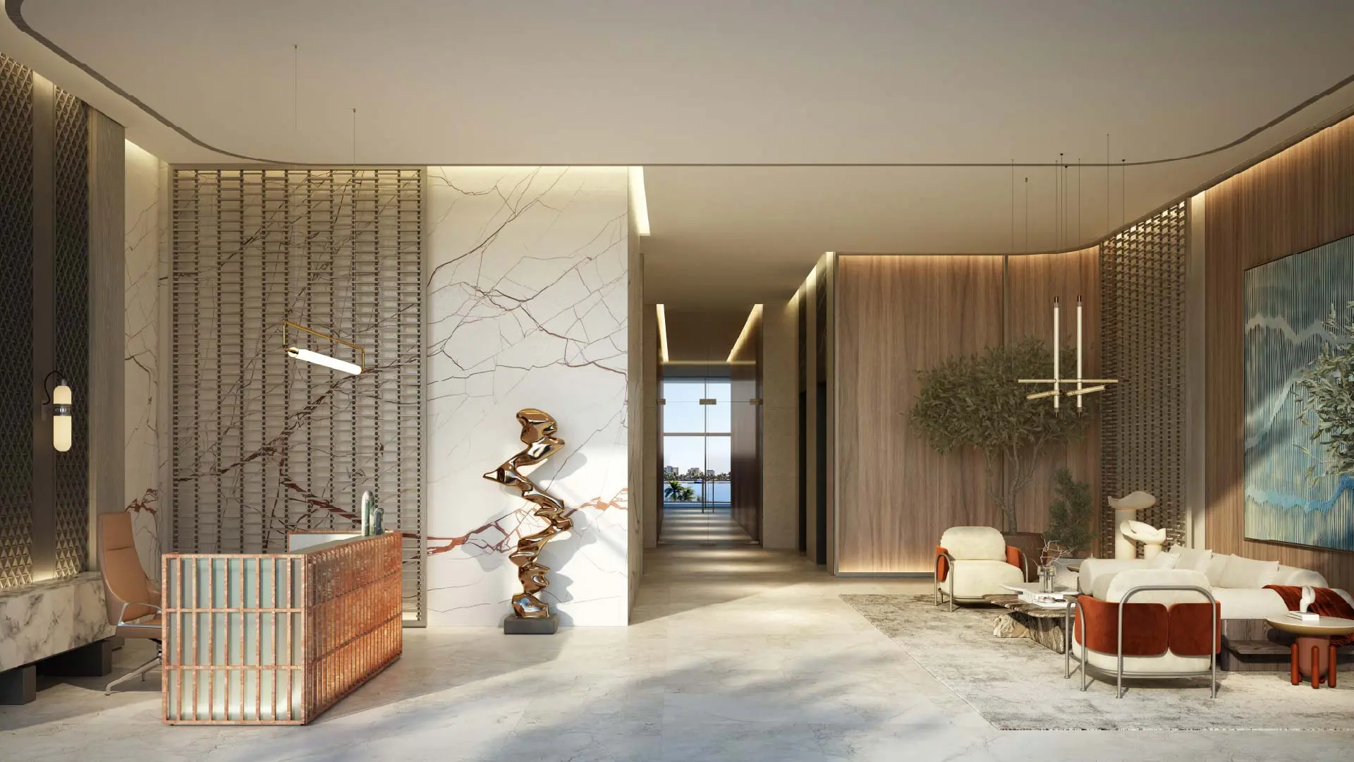 Render of a lobby with a copper-toned reception desk, a veined marble wall, a bronze sculpture and lounge chairs