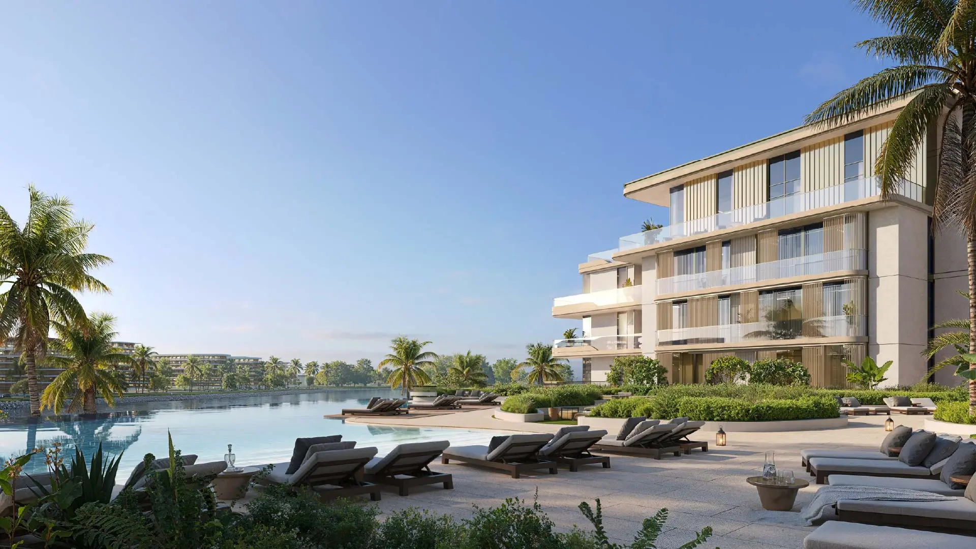 Render of a pool deck with sun loungers beside a large pool and palms, next to a four-storey building with glass balconies