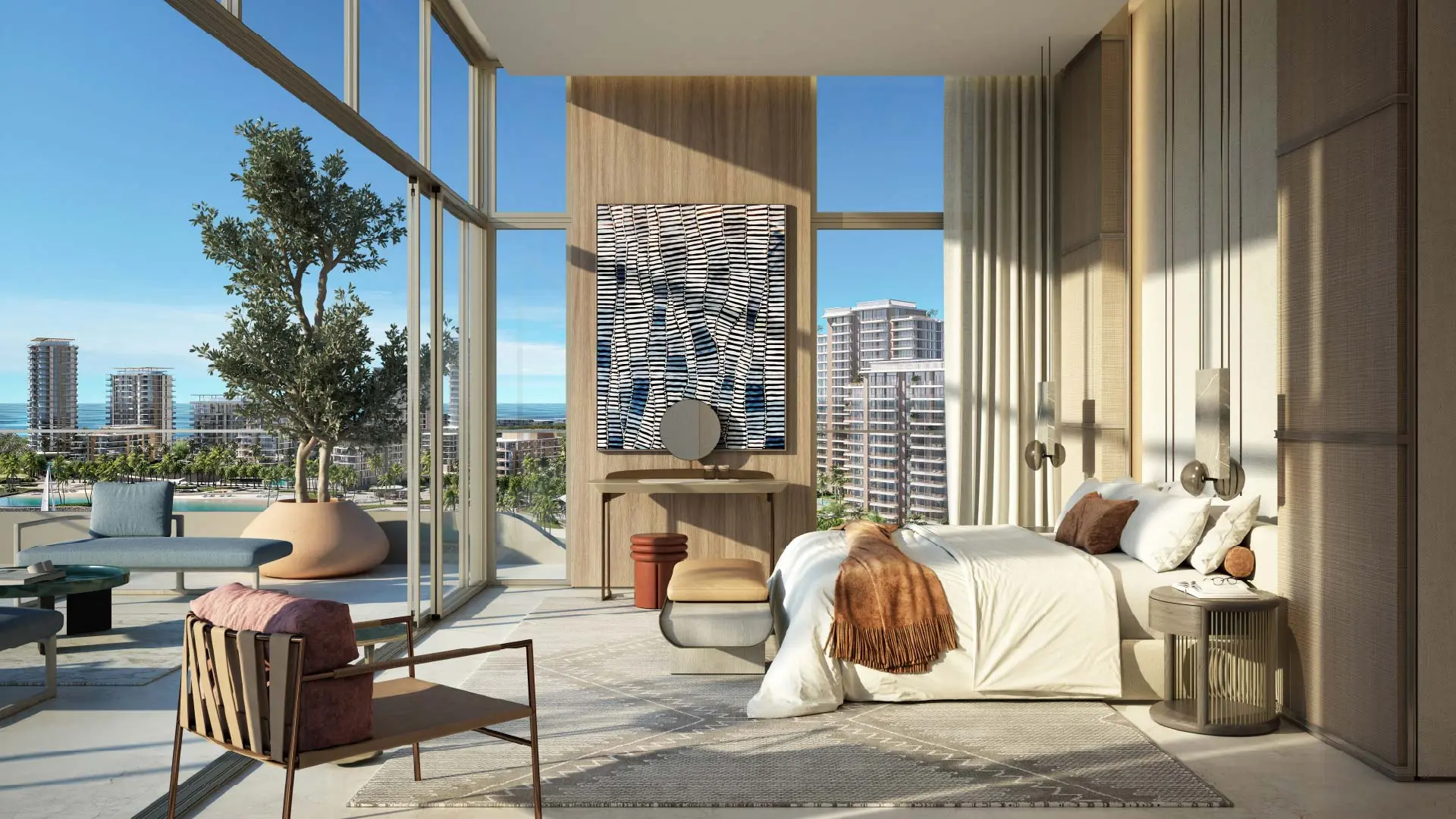 Render of a bedroom with full-height glass onto a terrace with an olive tree, looking over towers and a lagoon to the sea
