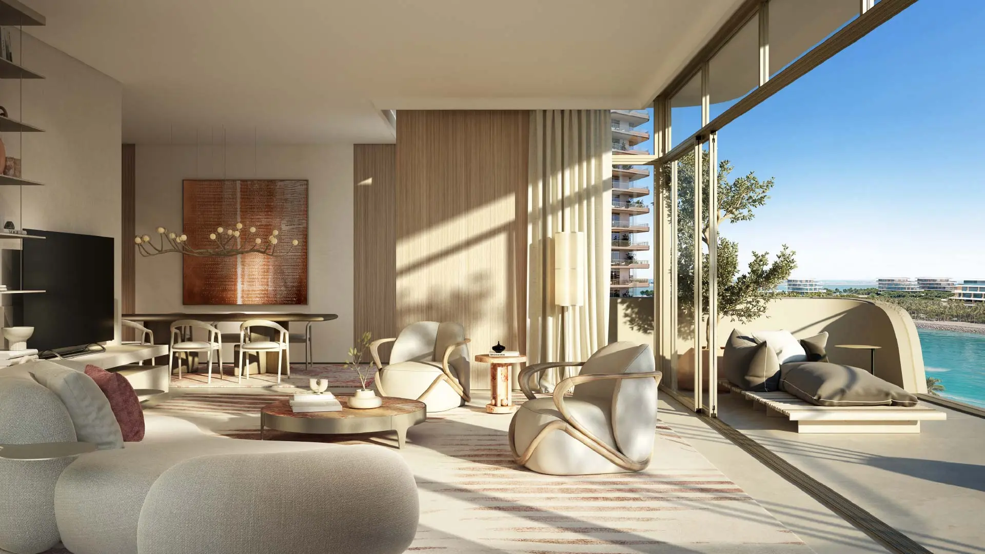Render of a living room with curved armchairs and a dining table, open to a terrace with a day bed above the sea