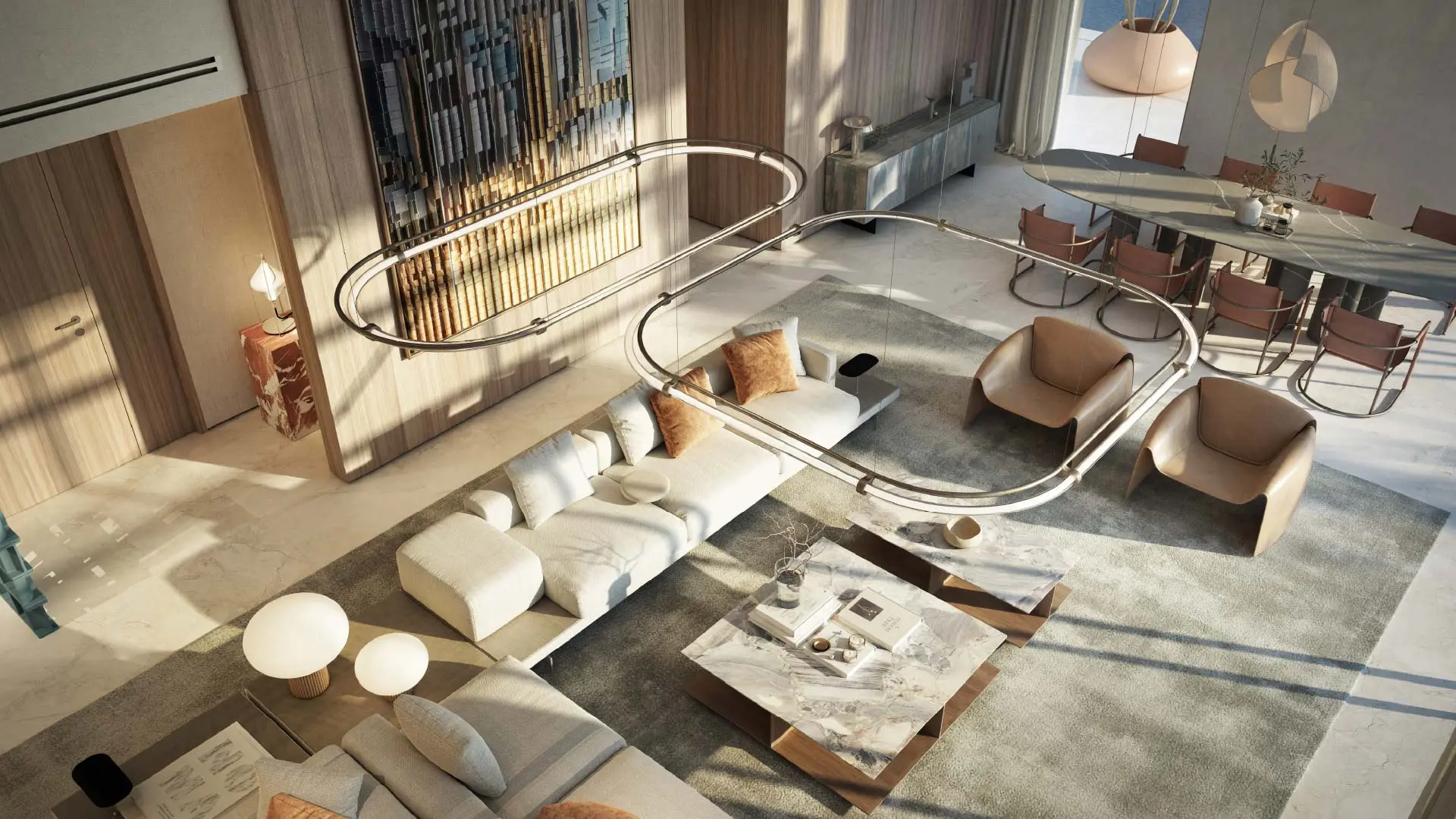 Overhead render of a double-height living and dining room, with oval suspended lights, a long sofa and a long dining table
