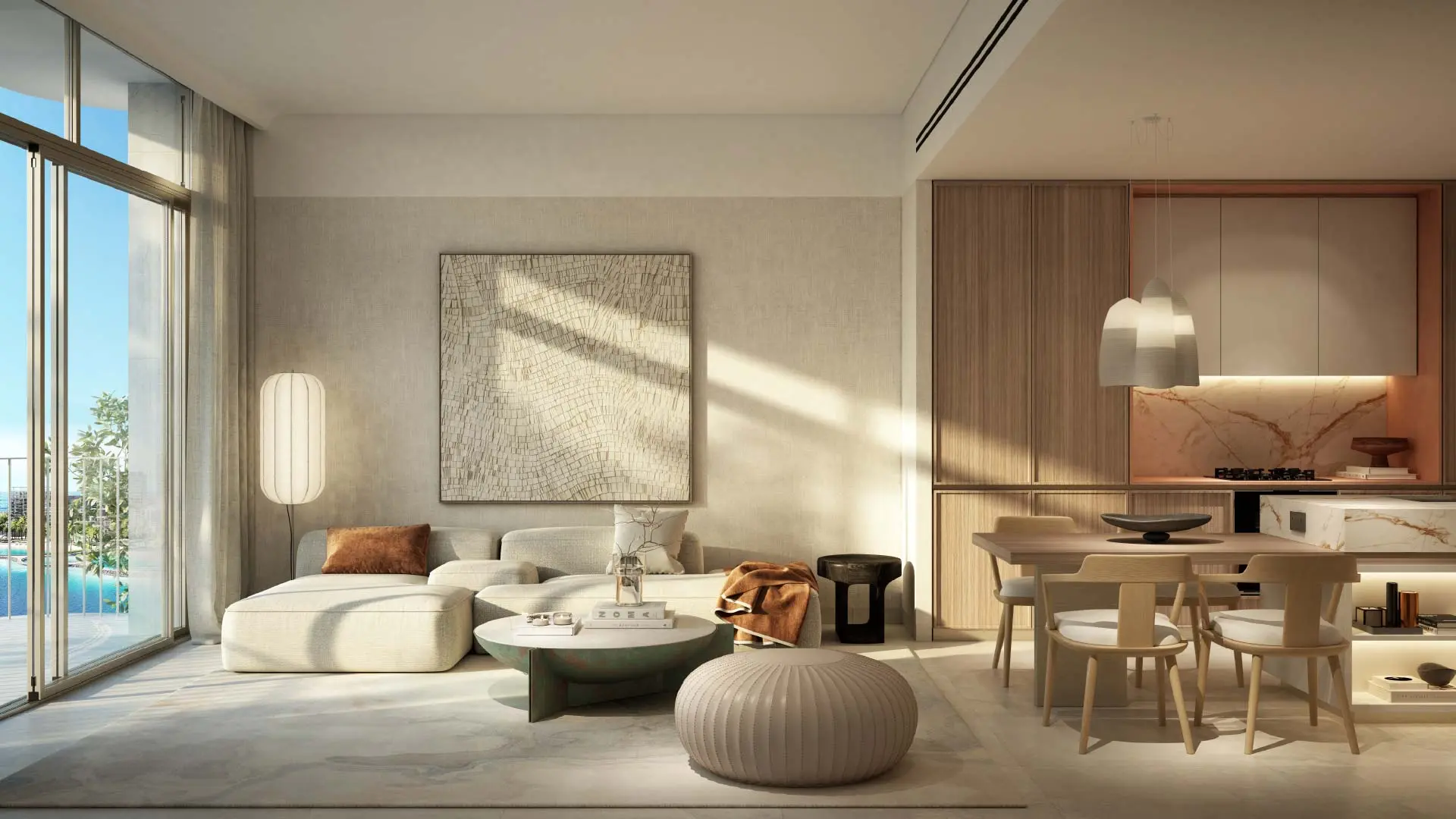 Render of a living room with a corner sofa, open to a kitchen with a marble splashback and a dining table at the island
