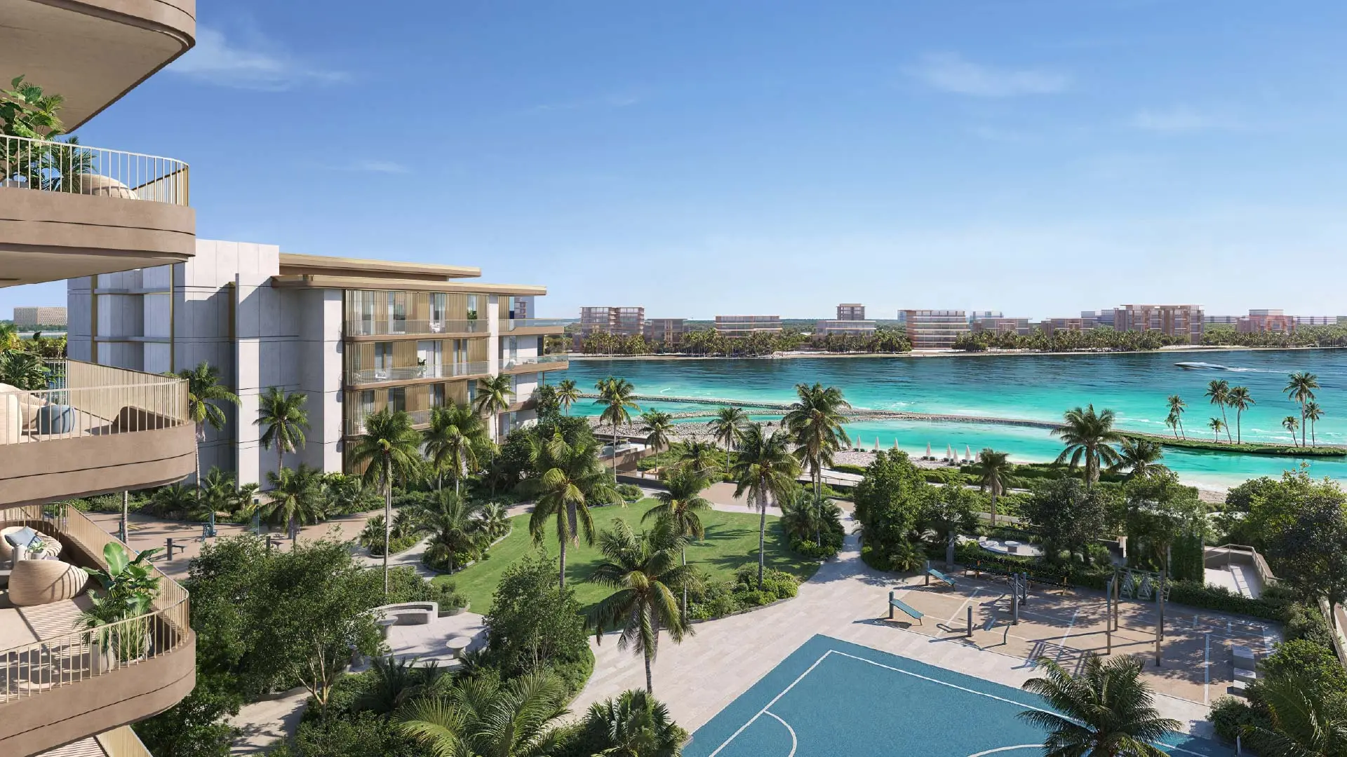Render from a curved balcony over a garden, a basketball court and an outdoor gym, with a lagoon beach and the sea beyond