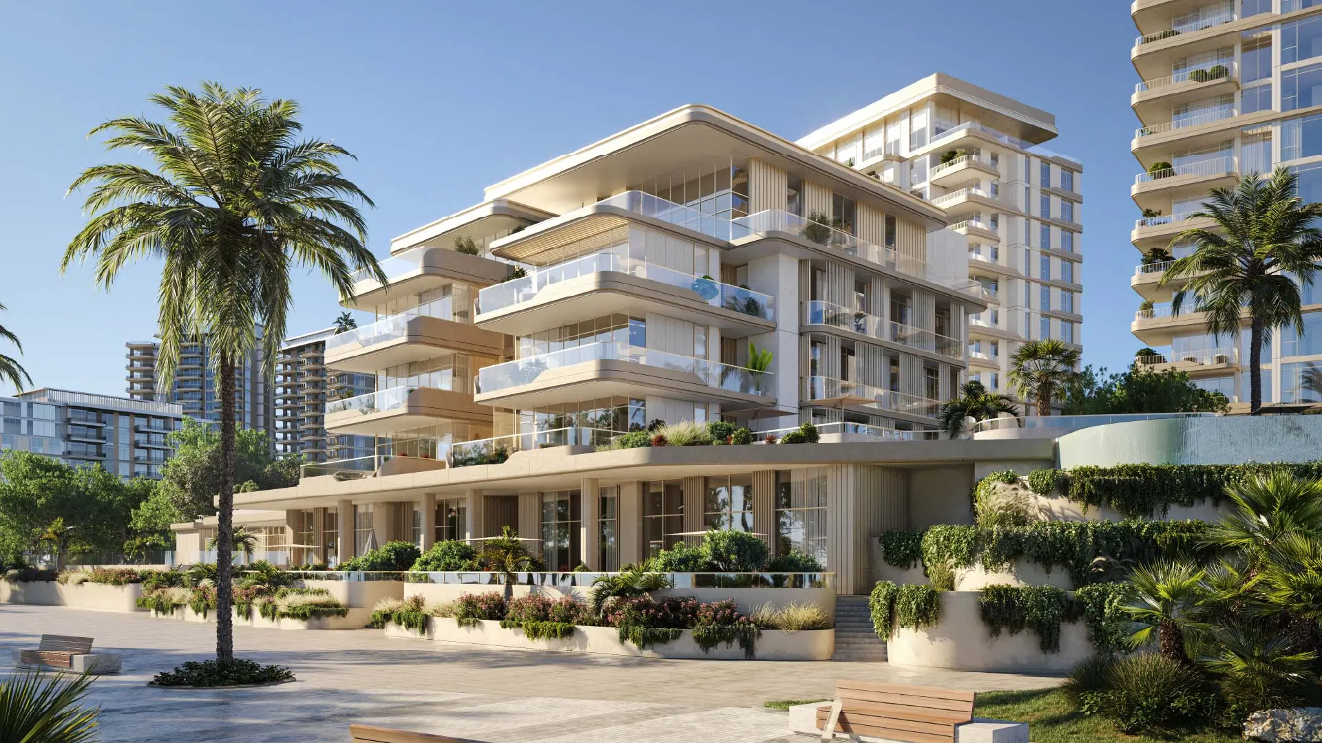 Render of a low building with deep curved terraces above a planted promenade, with taller residential towers behind