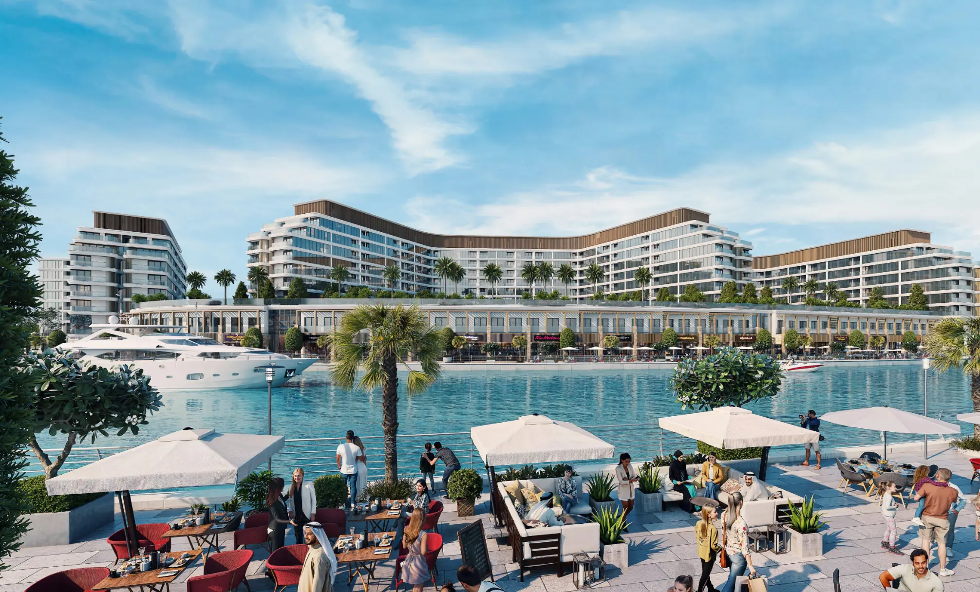 Render of a café terrace under white parasols on the marina edge, with apartment blocks and a moored yacht across the water