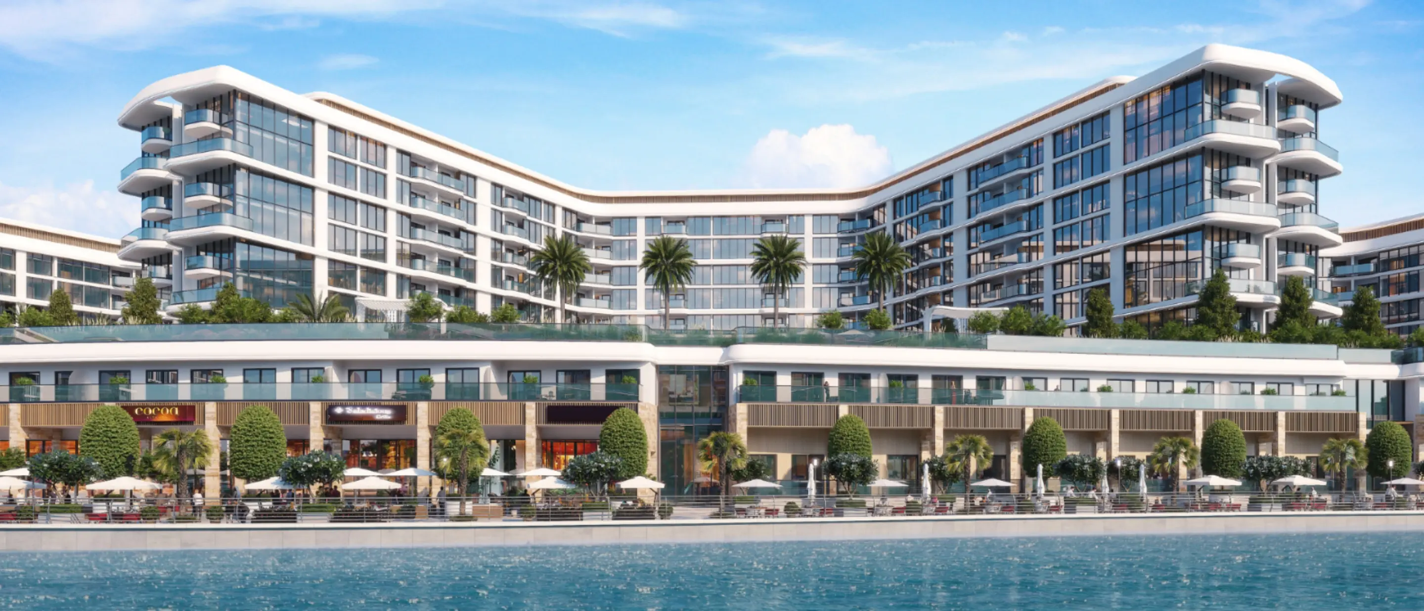 Render of a V-shaped apartment block with curved balconies stacked at the ends of its wings, above a row of shops on the marina
