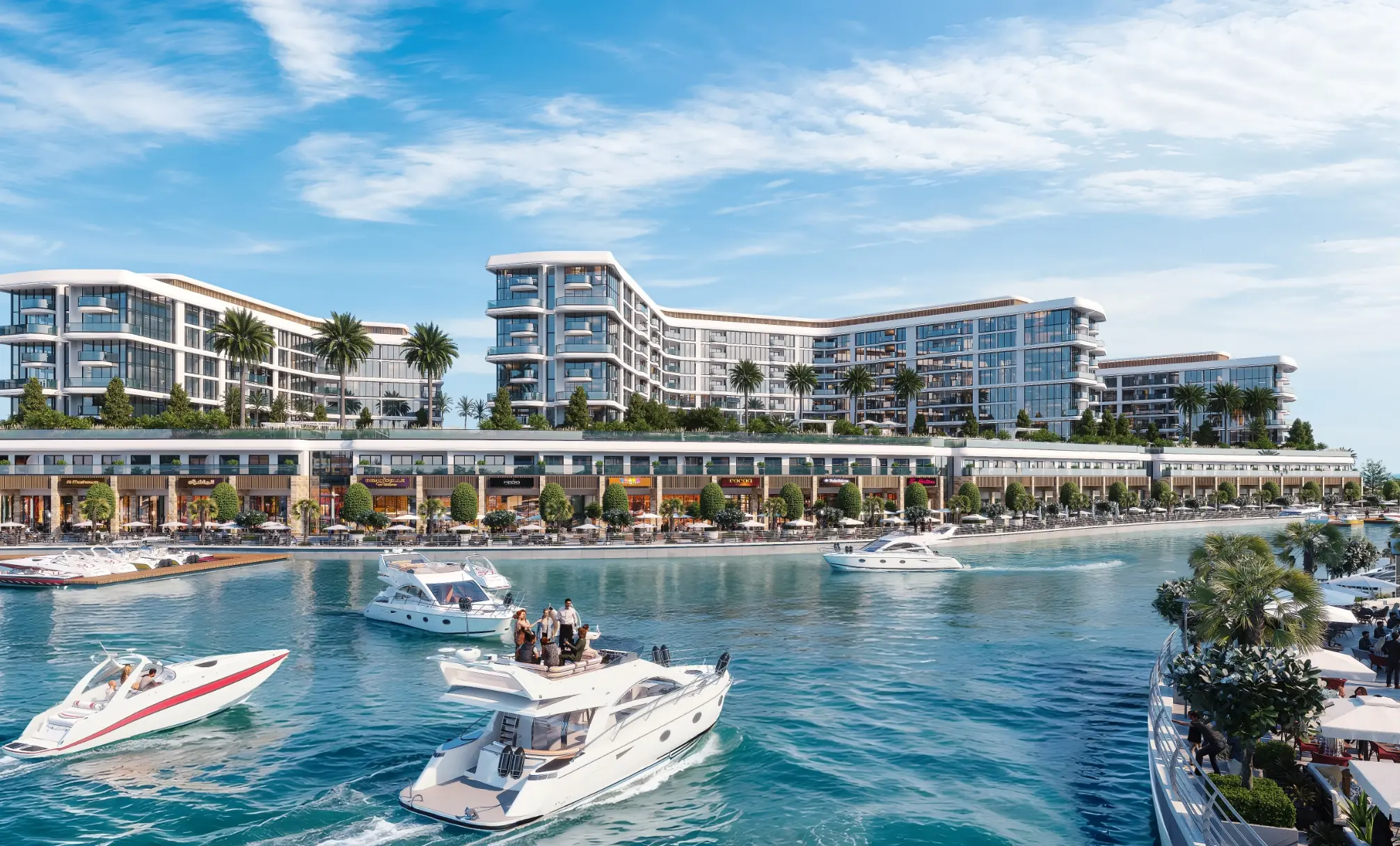 Render of three white apartment blocks above a podium of shops on the marina, with motor cruisers and a speedboat in front