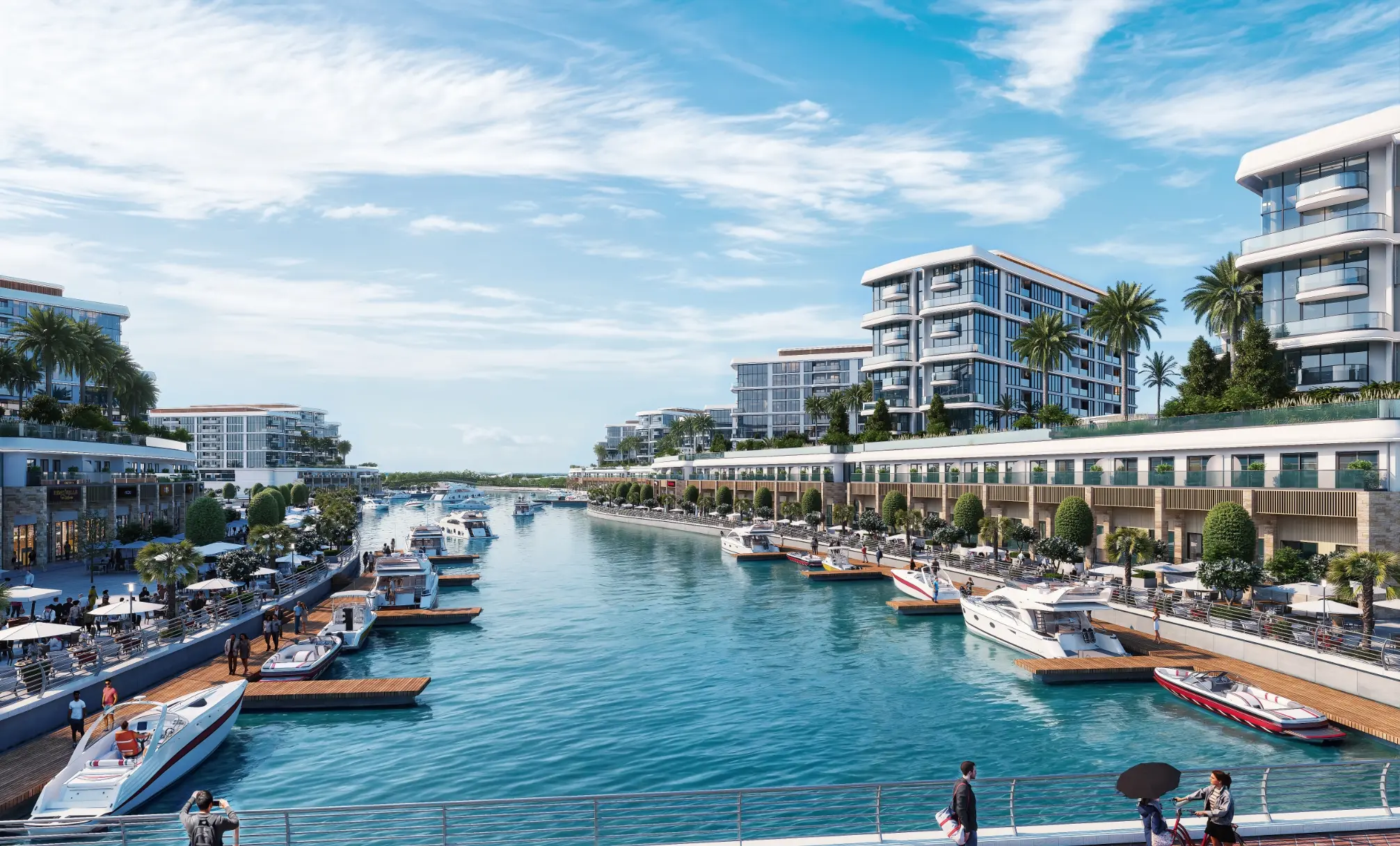 Render from a footbridge looking down a canal, with boats tied up at timber pontoons below café-lined promenades on both sides