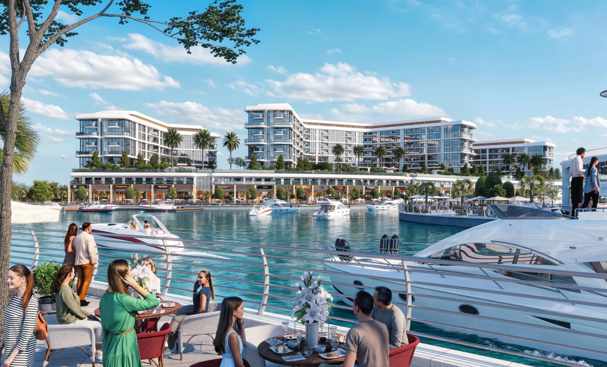 Render of diners on a waterside terrace beside a moored yacht, with apartment blocks across the marina