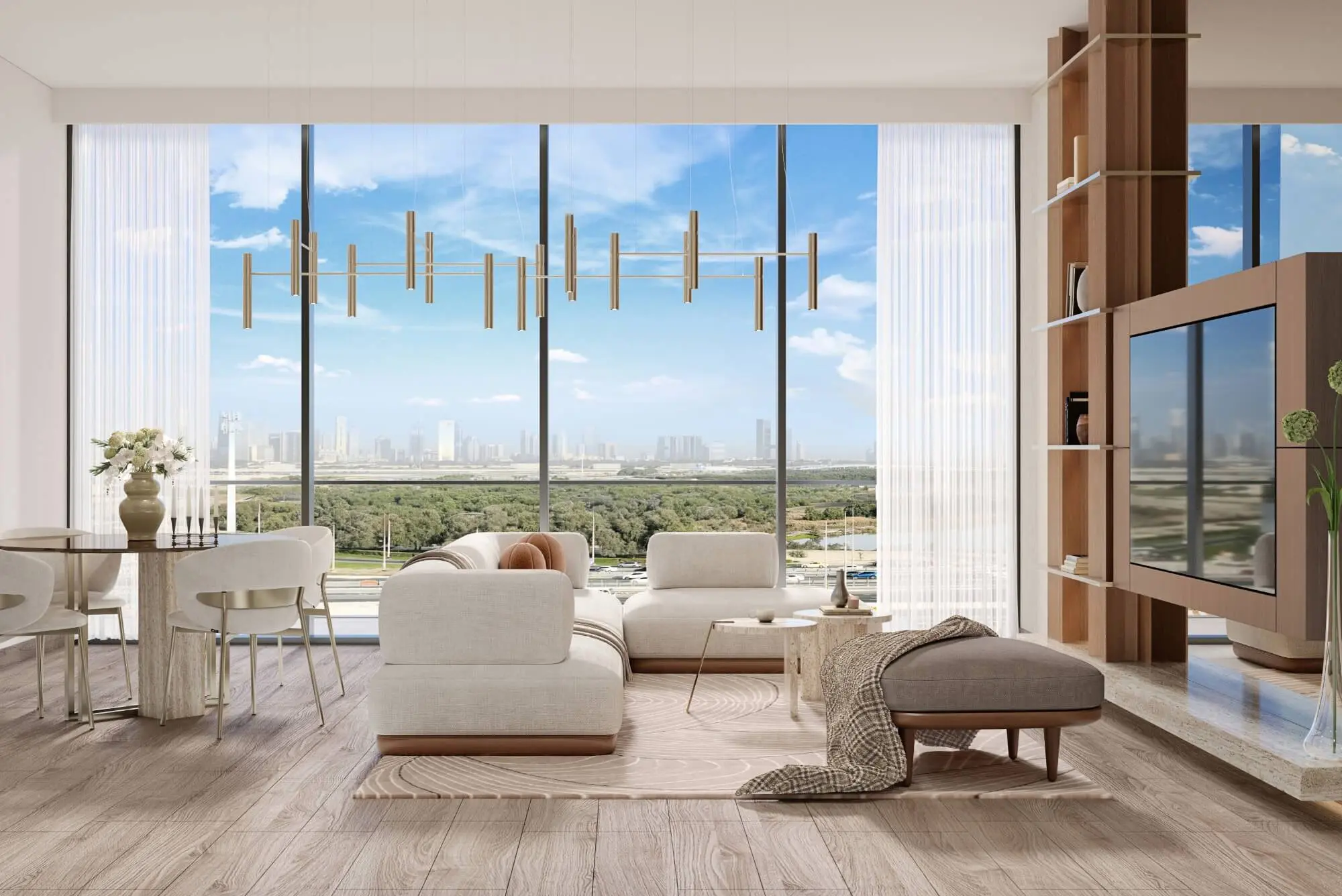 Render of a living and dining room with floor-to-ceiling windows over green land to a distant city skyline