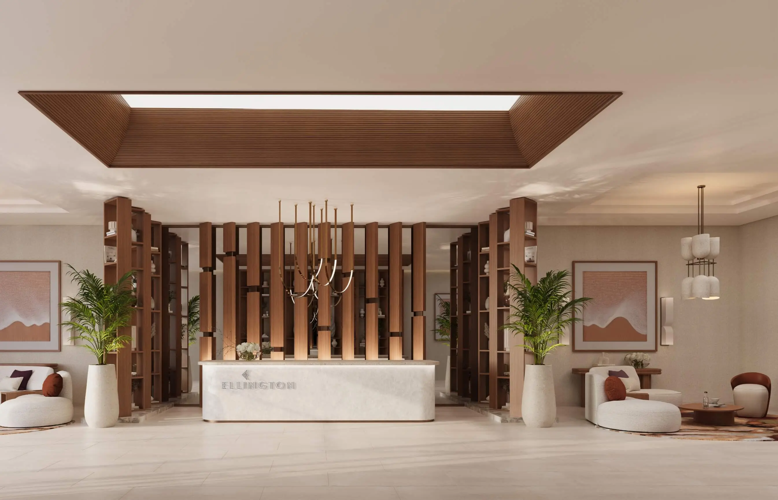 Render of the lobby: a white reception desk before a timber-slatted screen, with lounge chairs and framed art either side