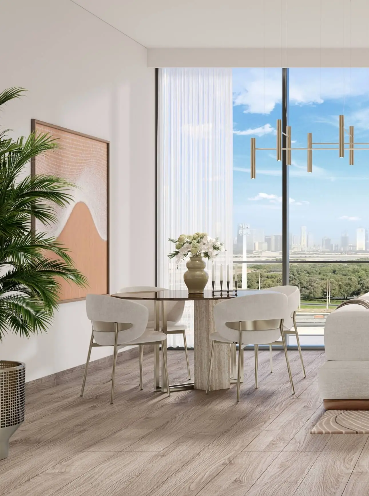 Render of a round dining table and four chairs beside floor-to-ceiling glass, with a palm and framed art on the wall