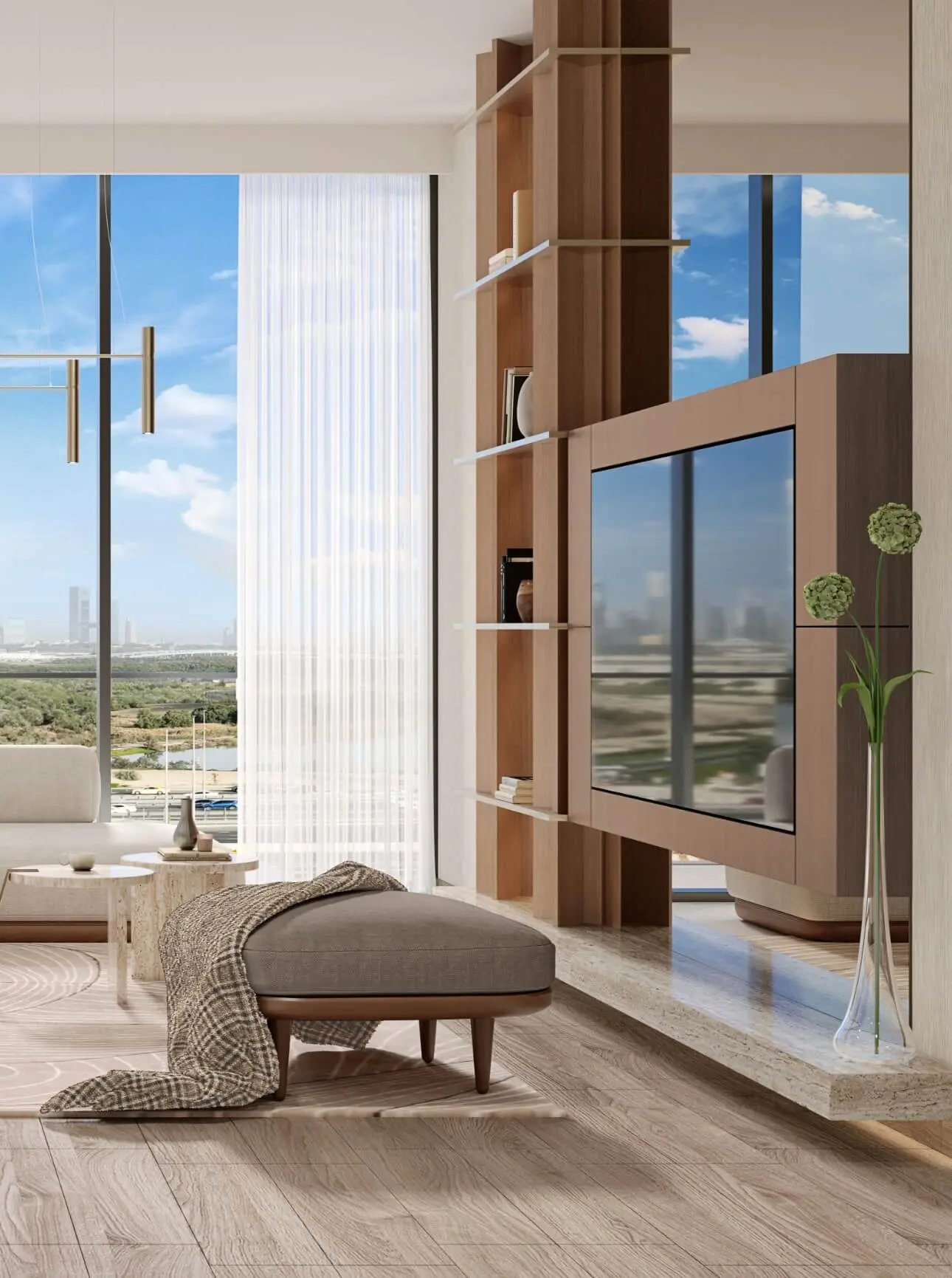 Render of a living room with a timber TV unit and open shelving, a grey ottoman and full-height windows