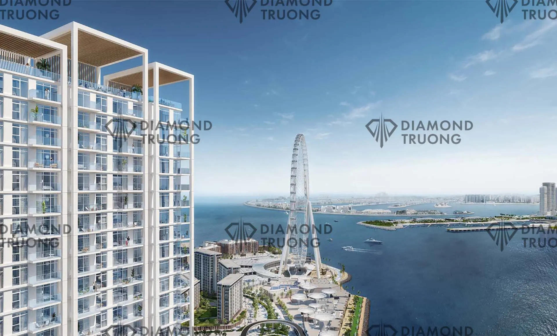 Meraas's render of its Bluewaters Bay towers, looking over Ain Dubai and the island to Palm Jumeirah