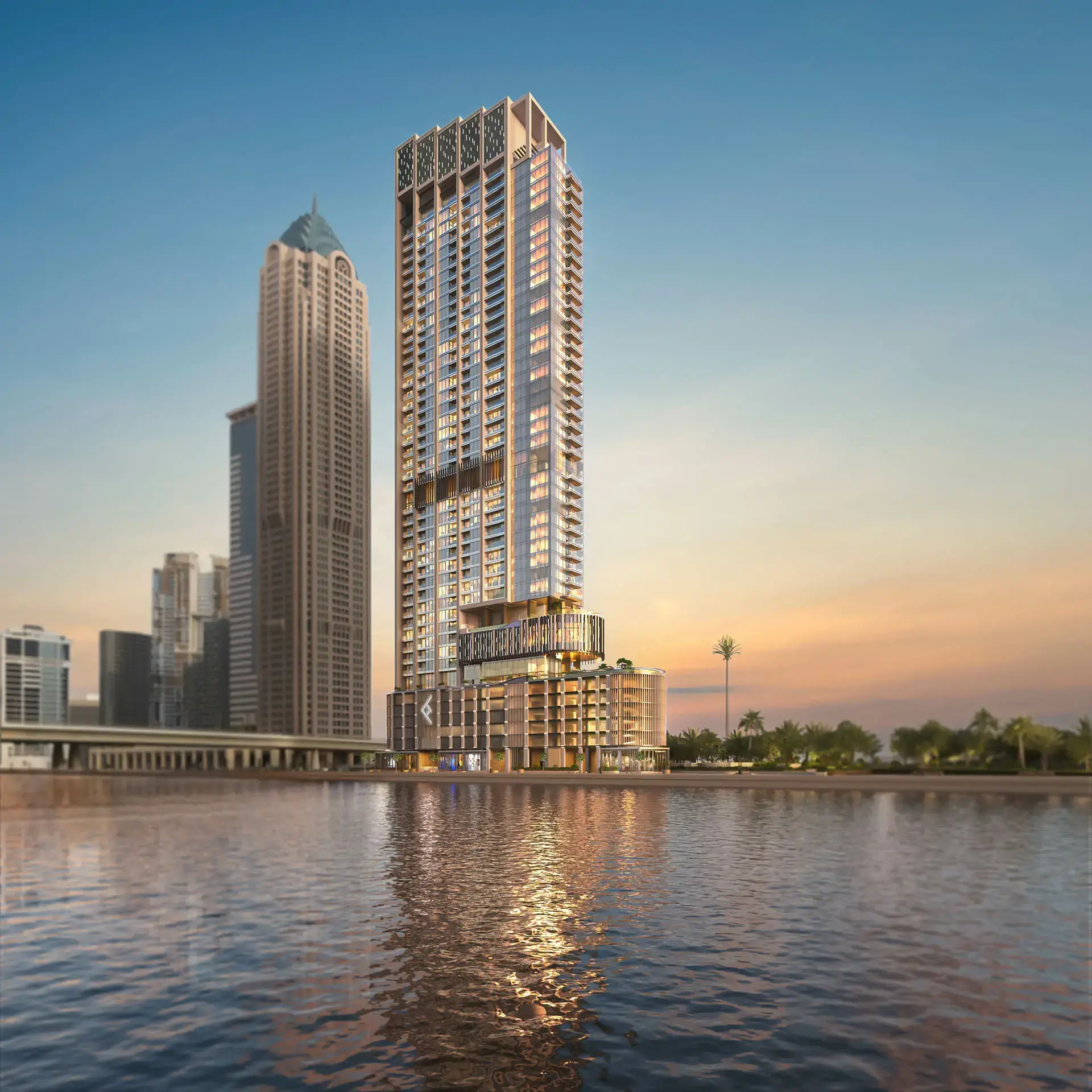 Ellington's render of One River Point from across the canal at sunset, a taller tower beside it
