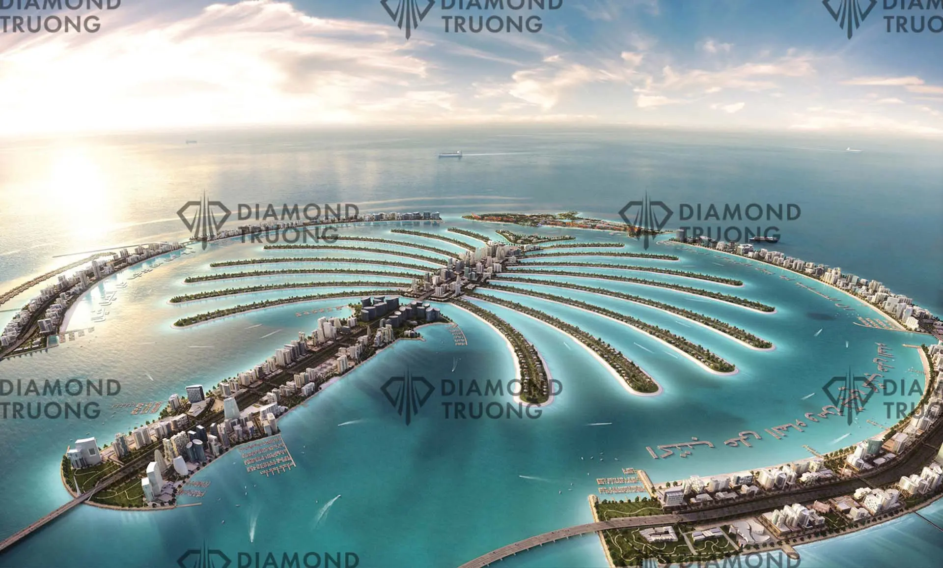 An early render of Palm Jebel Ali from the air: towers along the trunk and crescent, villa fronds, and water homes laid out as Arabic script