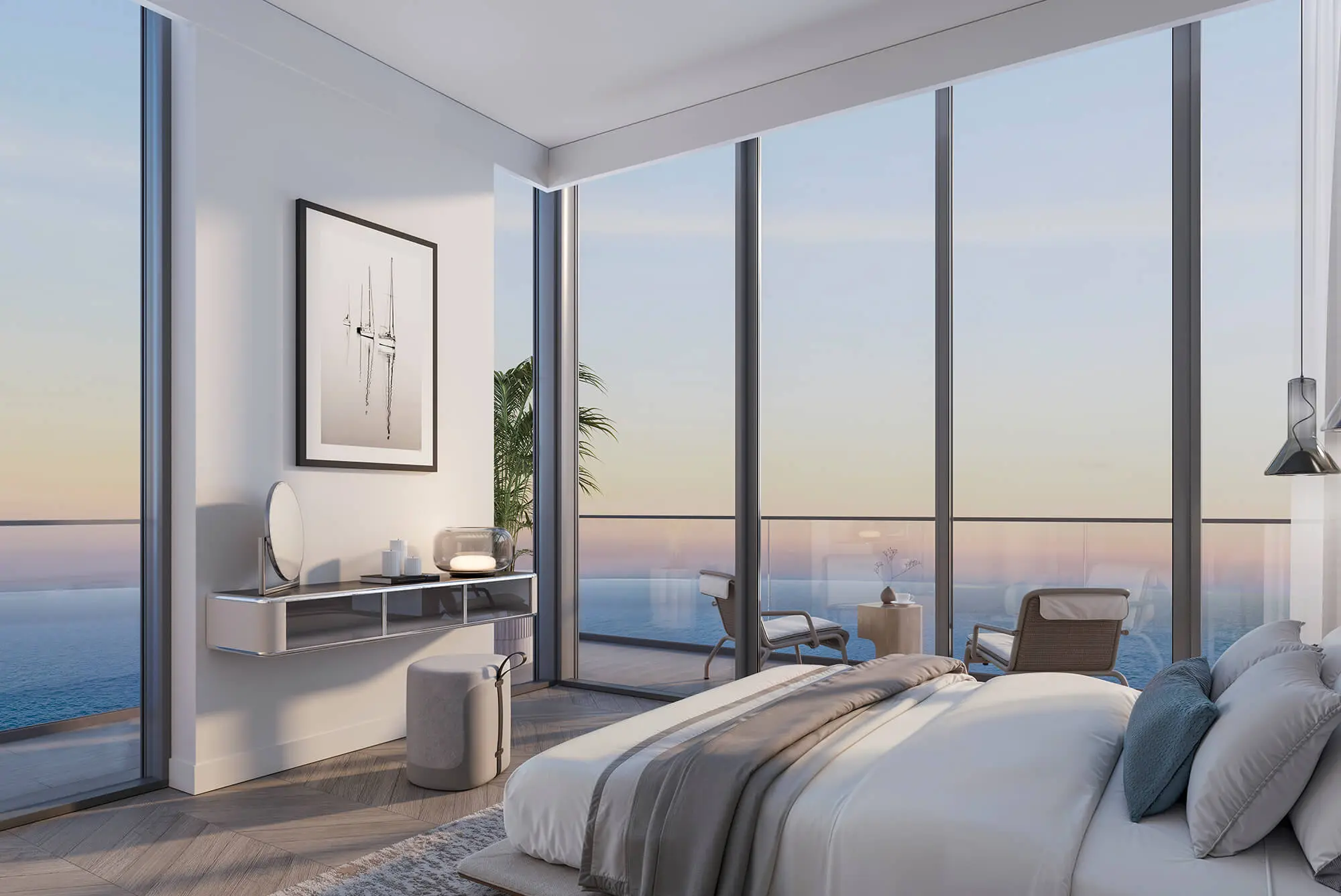 Render of a corner bedroom with floor-to-ceiling glass on two sides, a balcony with two chairs and the sea beyond at dusk