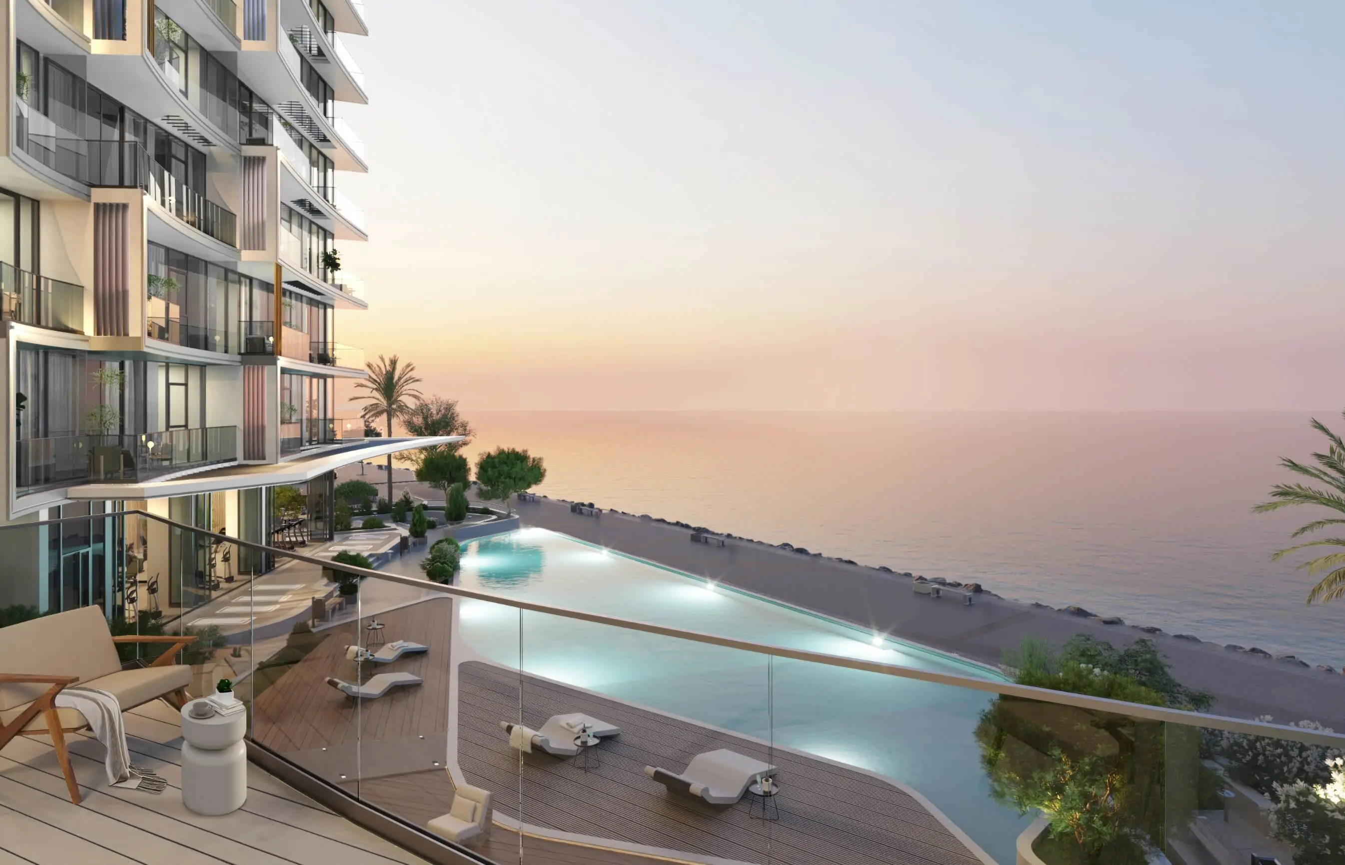 Render from a balcony over an infinity pool with a timber deck and loungers, curved balconies on the left and the sea at sunset