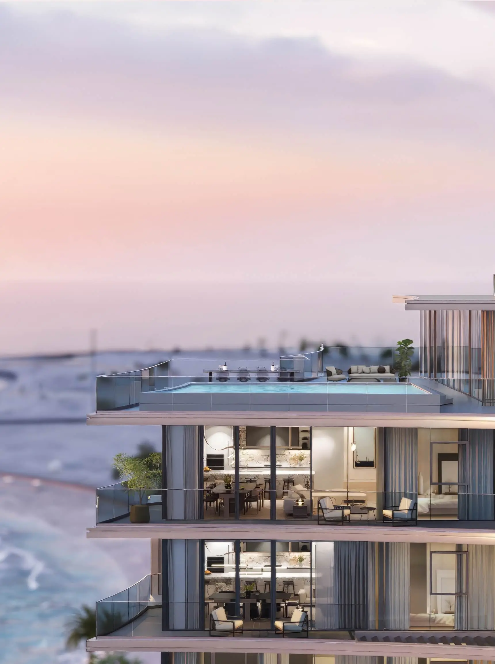 Render of the building's upper floors at dusk, with a glass-edged pool and lounge on the top terrace and the beach below