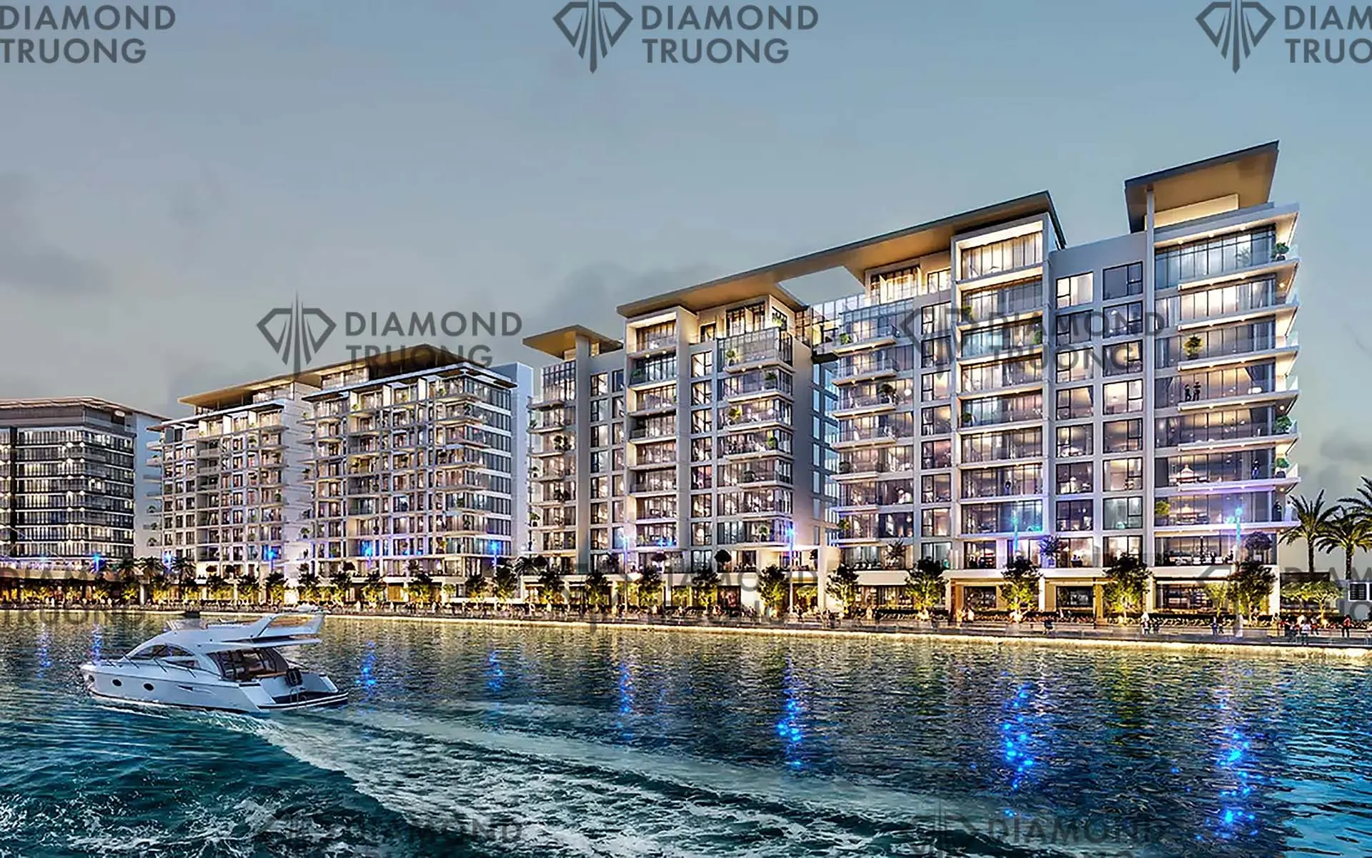 Render of Canal Front Residences: mid-rise apartment buildings above a canal-side promenade at dusk, a motor yacht passing